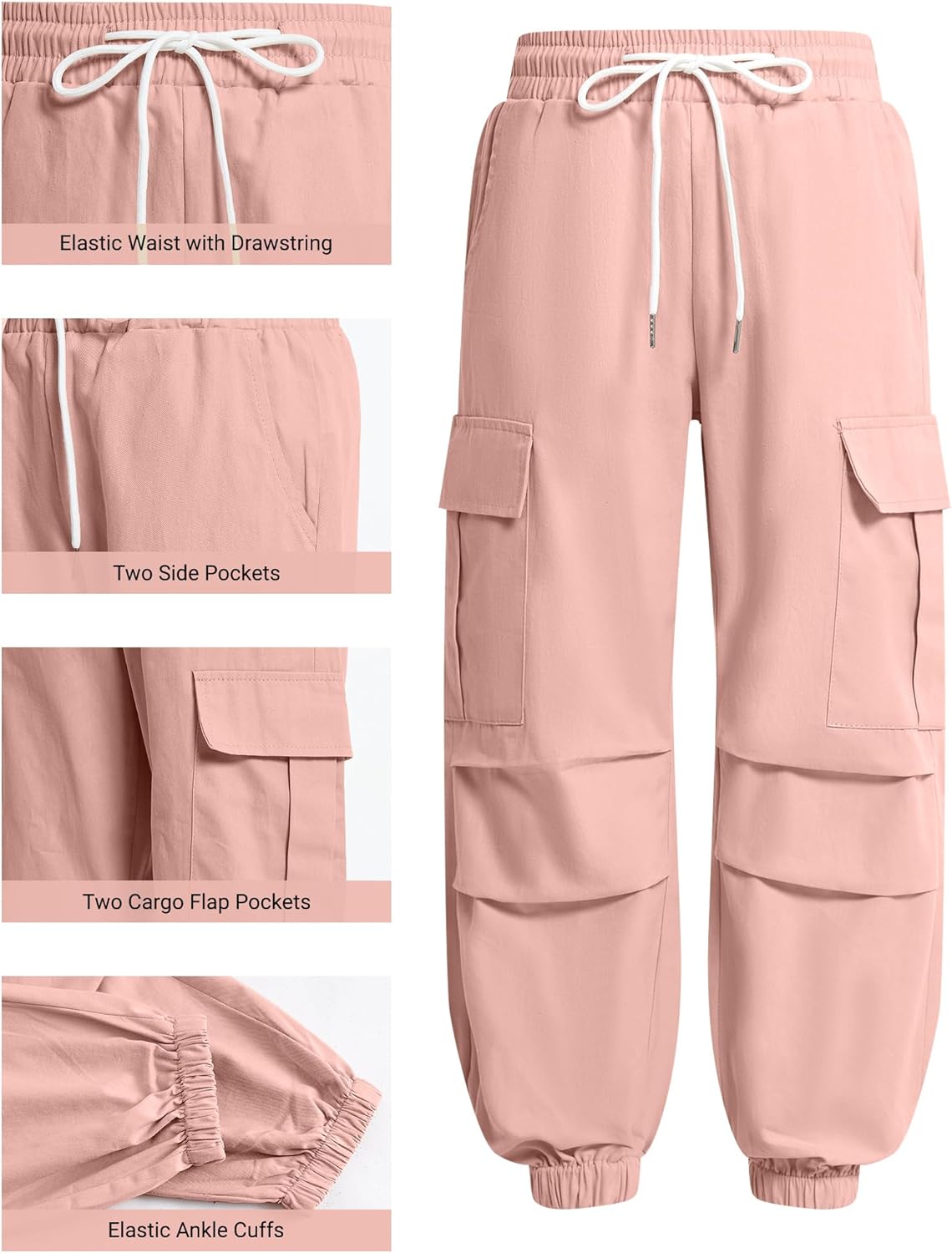 Thumbnail 5 de JiAmy Girls Cargo Trousers: Elastic Waist Baggy Parachute Joggers for 5–14 Years