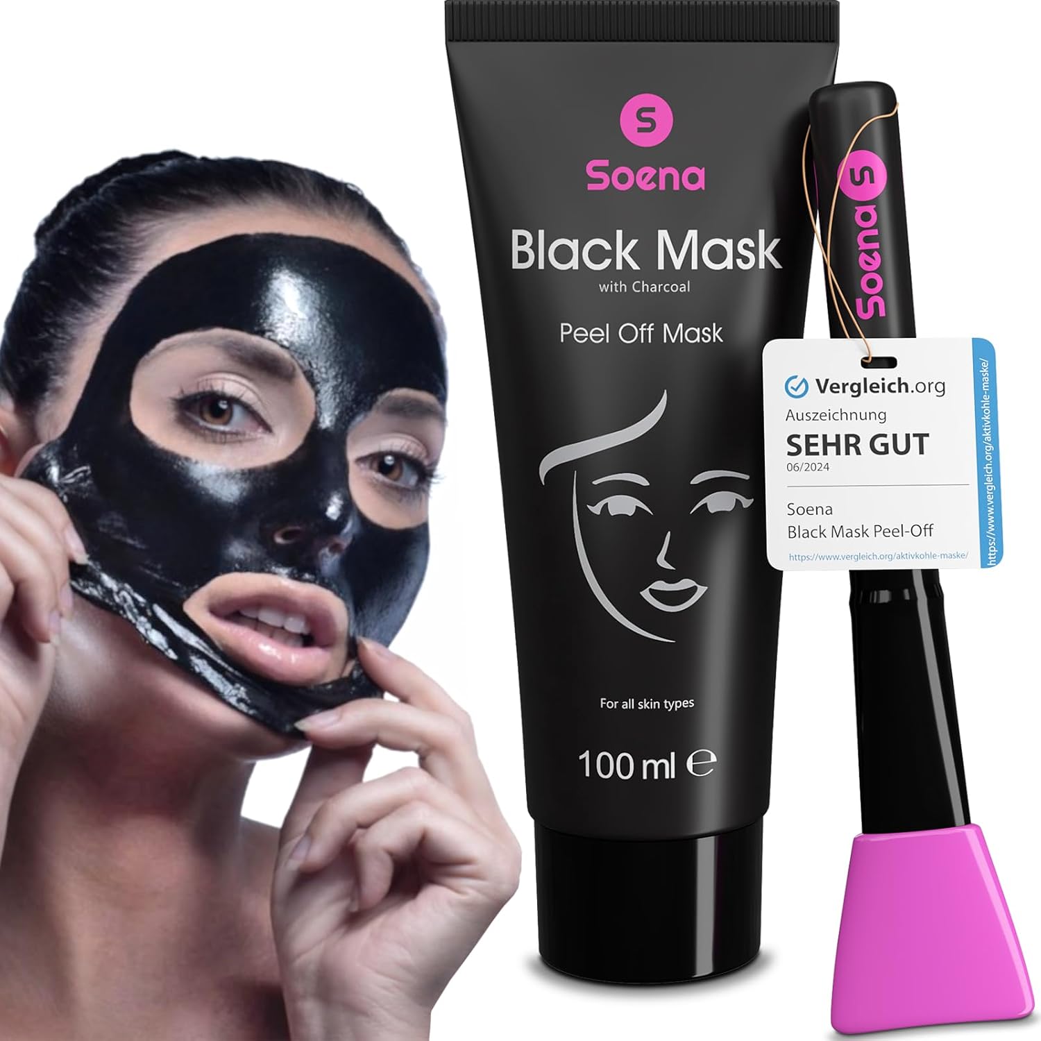Detalle de Das ORIGINAL - SOENA Black Mask + MASKENPINSEL XXL Tube 100 ml – Peel-Off Maske mit Aktivkohle gegen Mitesser