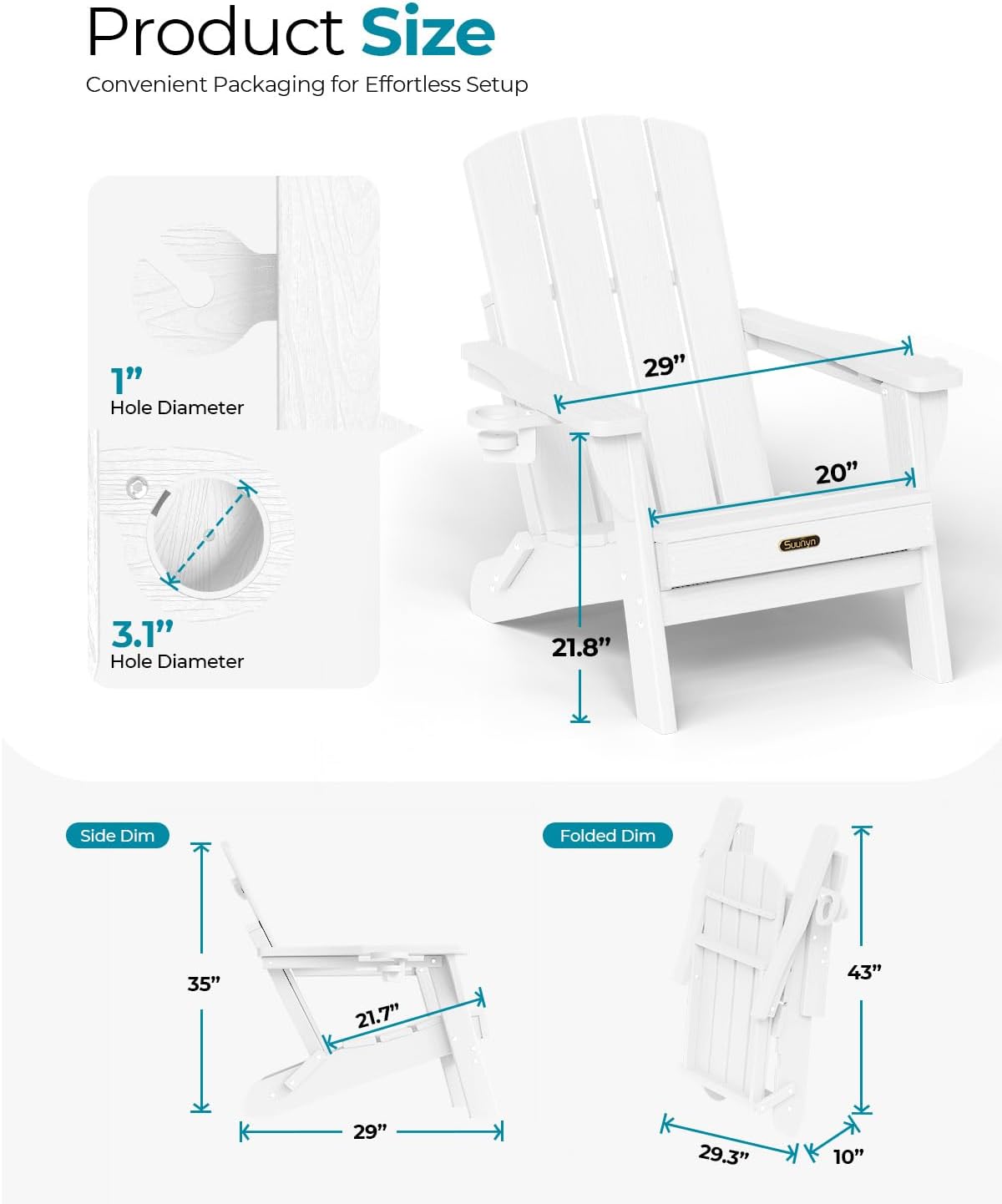 Detalle de SUUNYN Adirondack Chair, White Foldable HDPE with 2 Cup Holders