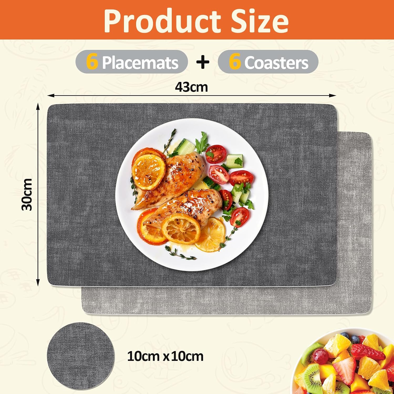 Detalle 2 de Euqvunn Placemats and Coaster Set of 6, Reversible Grey PU, 12 Pieces