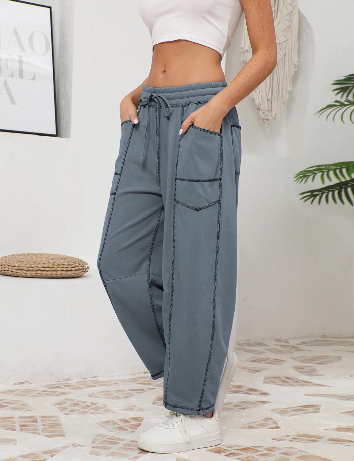 Detalle de Athlisan Women’s Baggy Barrel Pants Wide-Leg Lounge Sweatpants with Pockets