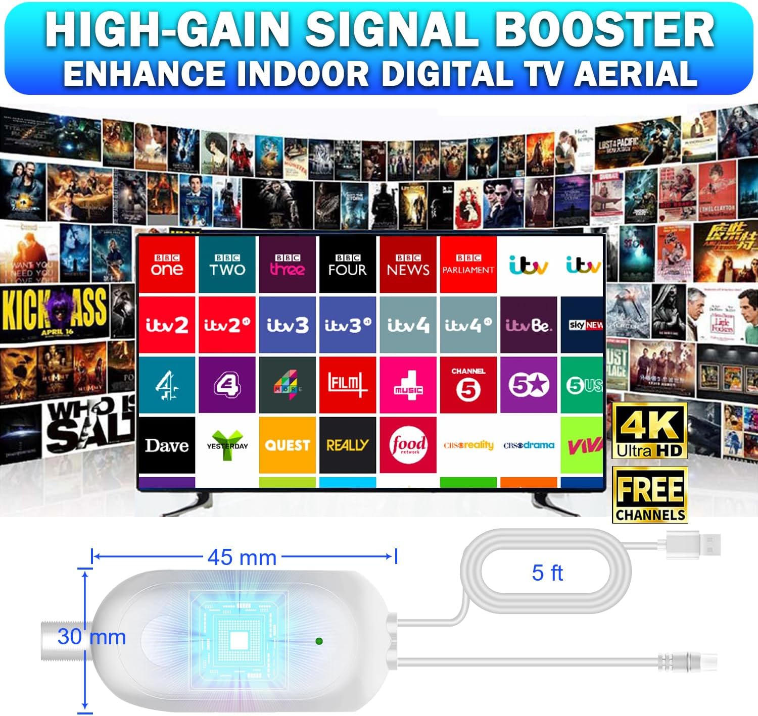 Thumbnail 1 de 2026 TV Aerial Booster Amplifier – High Gain Freeview HD Signal Booster for UK Indoor Aerials (USB Powered, White)