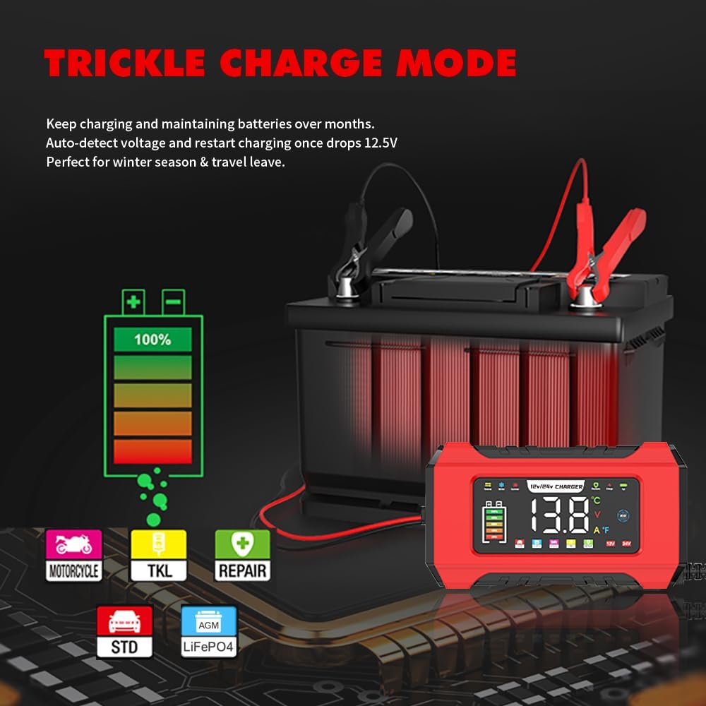 Detalle de 24V 8A & 12V 15A Car Battery Charger: 2 in 1 LiFePO4 Battery Charger for Leisure, Lithium and Motorbike Batteries