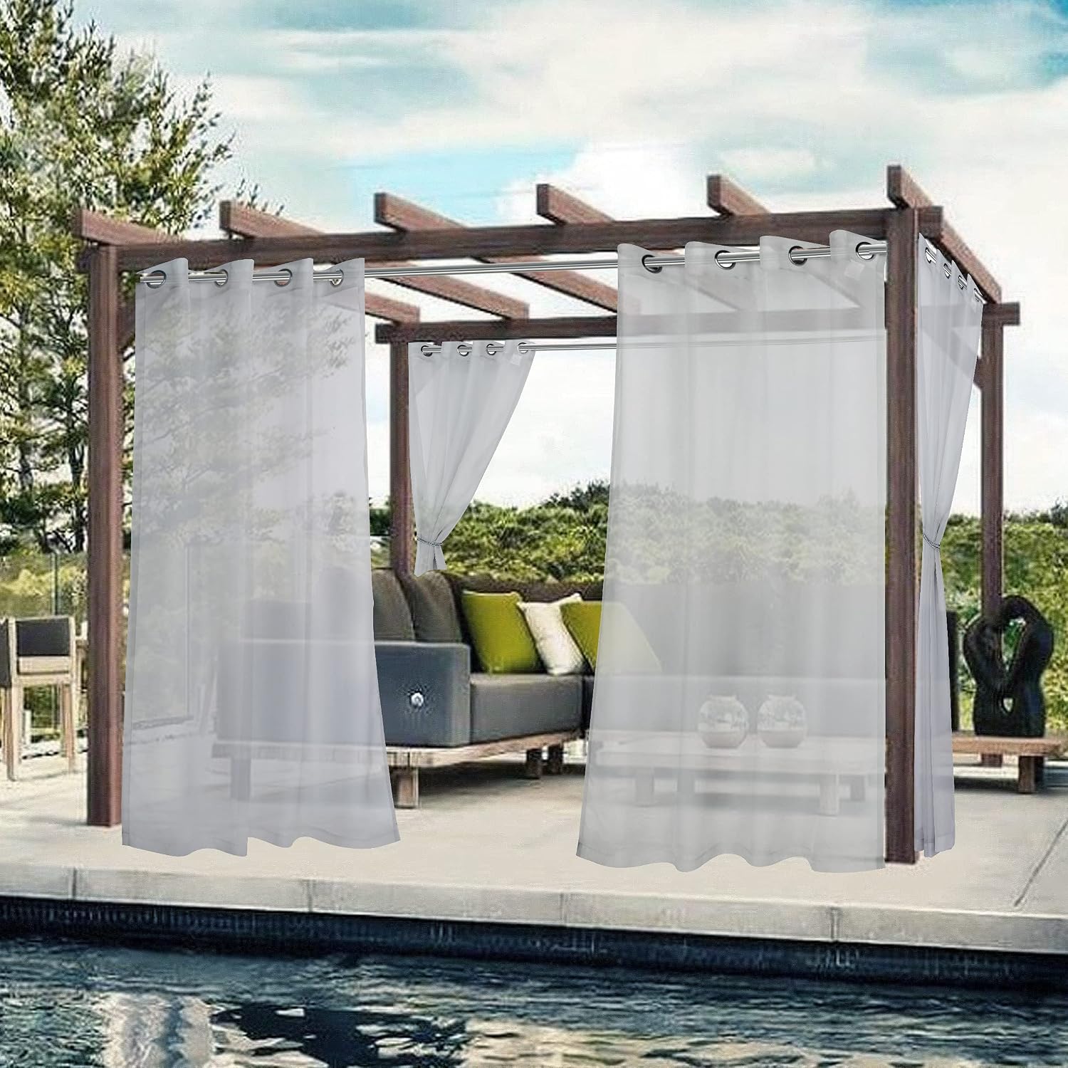 Detalle de BONZER 2 Waterproof Sheer Outdoor Curtains, 2 Panels, 54 x 108 in, Cloud Grey
