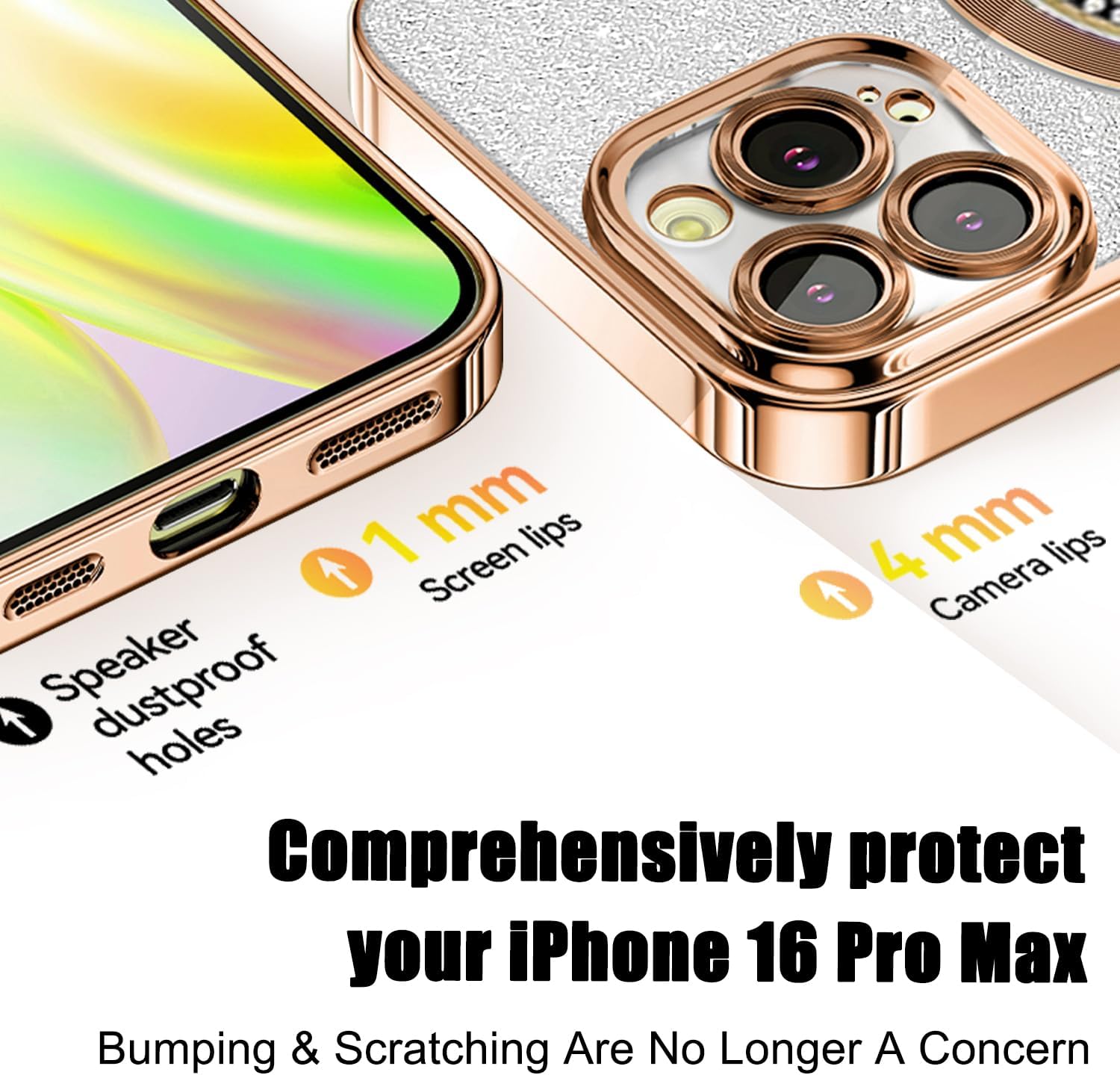 Detalle de Misscase Glitter Magnetic Case for iPhone 16 Pro Max (Gold) – Full Protection with Camera Lens Shield