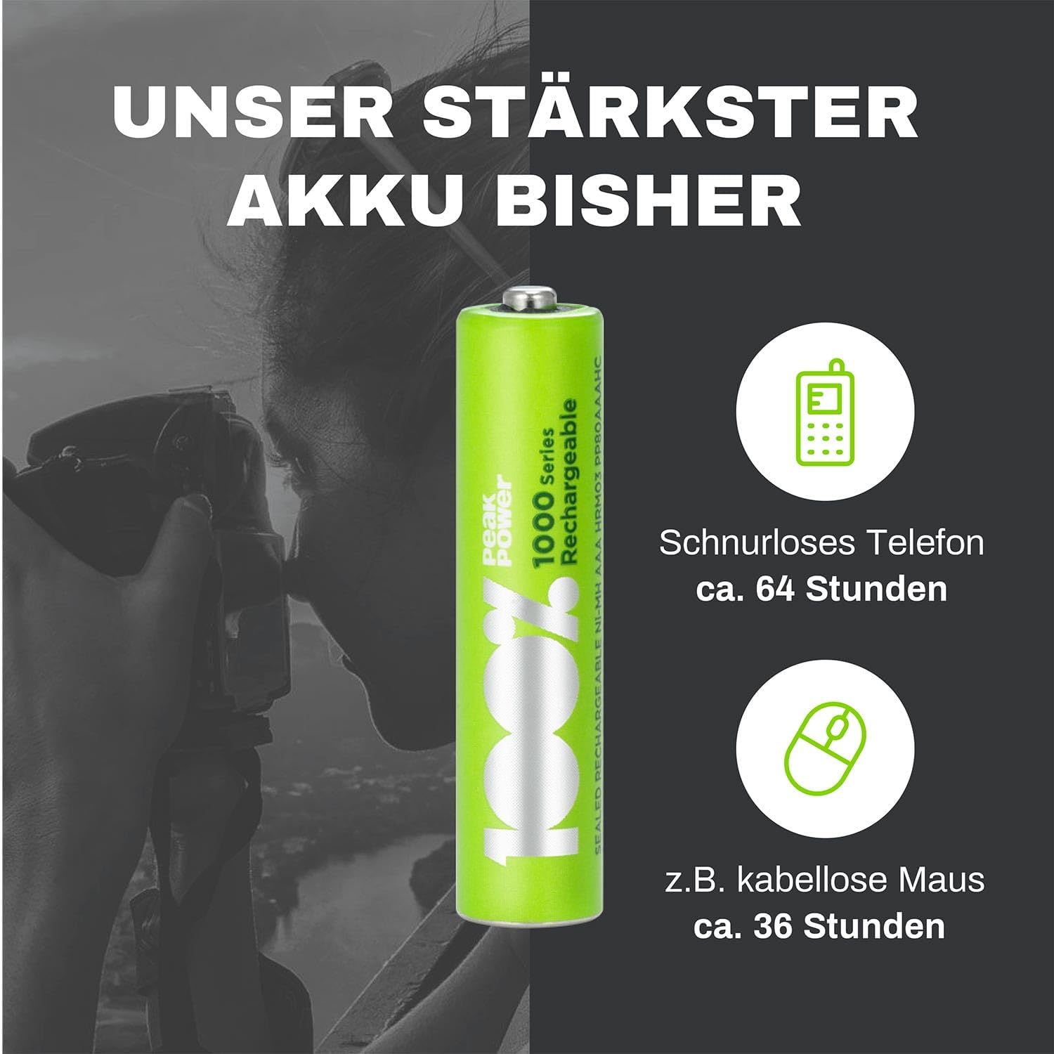 Detalle de 100%PeakPower PeakPower Akku AAA (LR3) 1,2 V – 4er-Set NiMH, vorgeladen