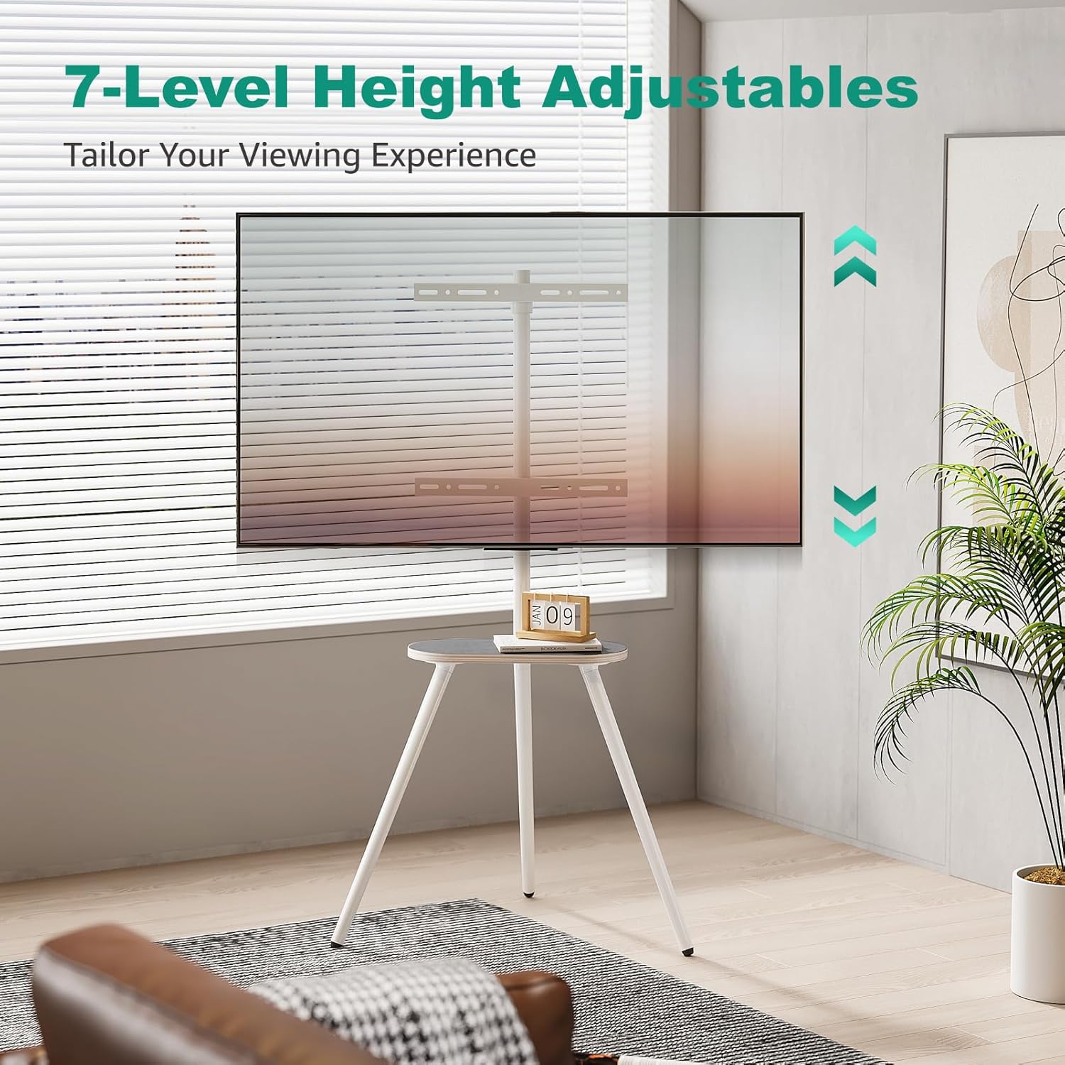 Thumbnail 1 de ECOTINY TV Easel Tripod Stand (White) for 43–65 inch TVs – height-adjustable, swivel ±45° with wooden tray