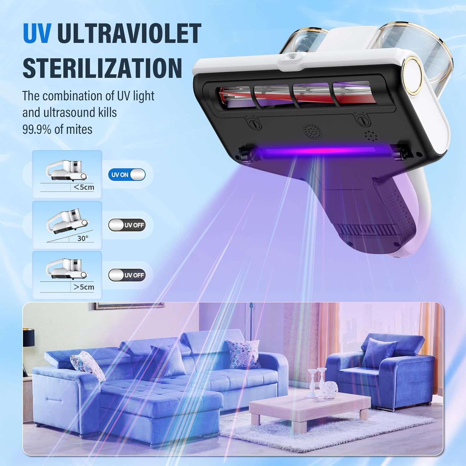 Detalle de RWSRW Battimaterasso: Aspiratore per Materassi con Luce UV, 500W, 16 kPa e Funzioni Avanzate
