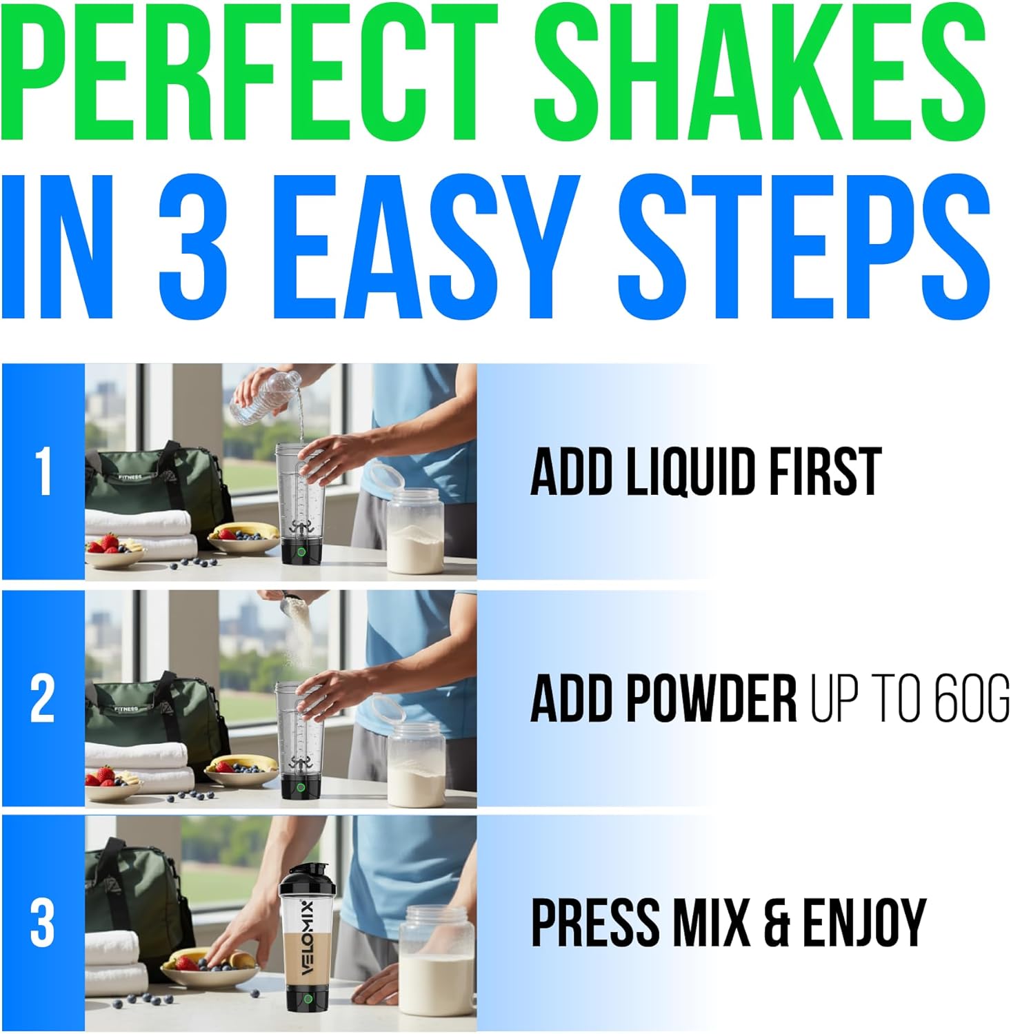 Thumbnail 6 de VELOMIX Electric Protein Shaker Bottle (24 oz) — USB-C Rechargeable, Leak Proof Electric Blender Cup