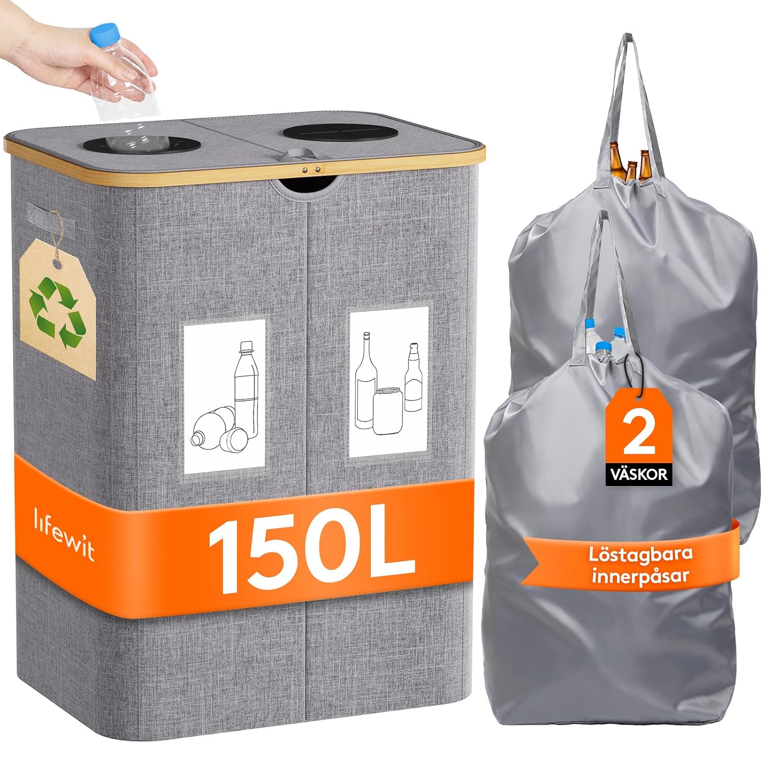 Detalle de Lifewit flaskinsamlare 150 l med lock, två fack och hopfällbar design