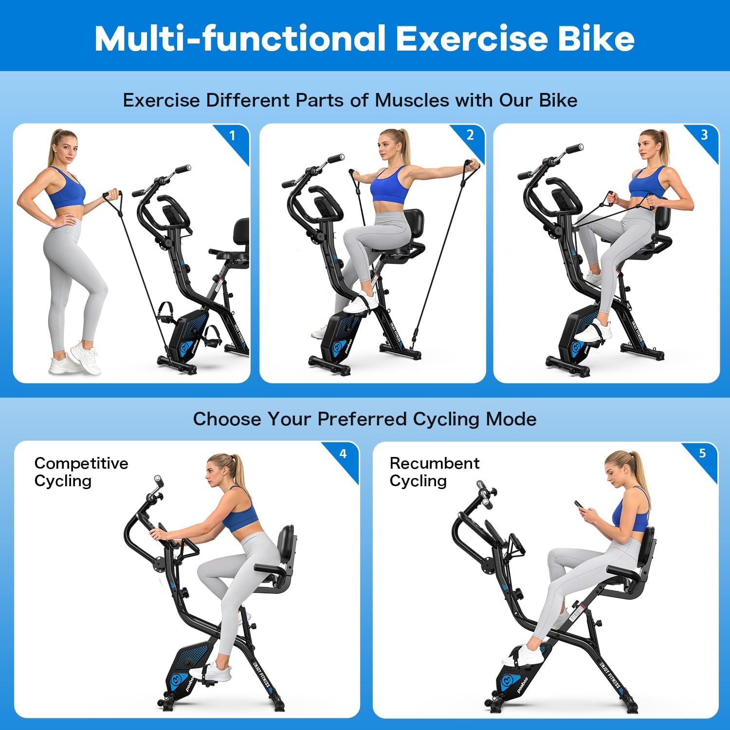 Detalle de pooboo X-819N Blue Edition Folding Exercise Bike, 8-Level Magnetic Resistance