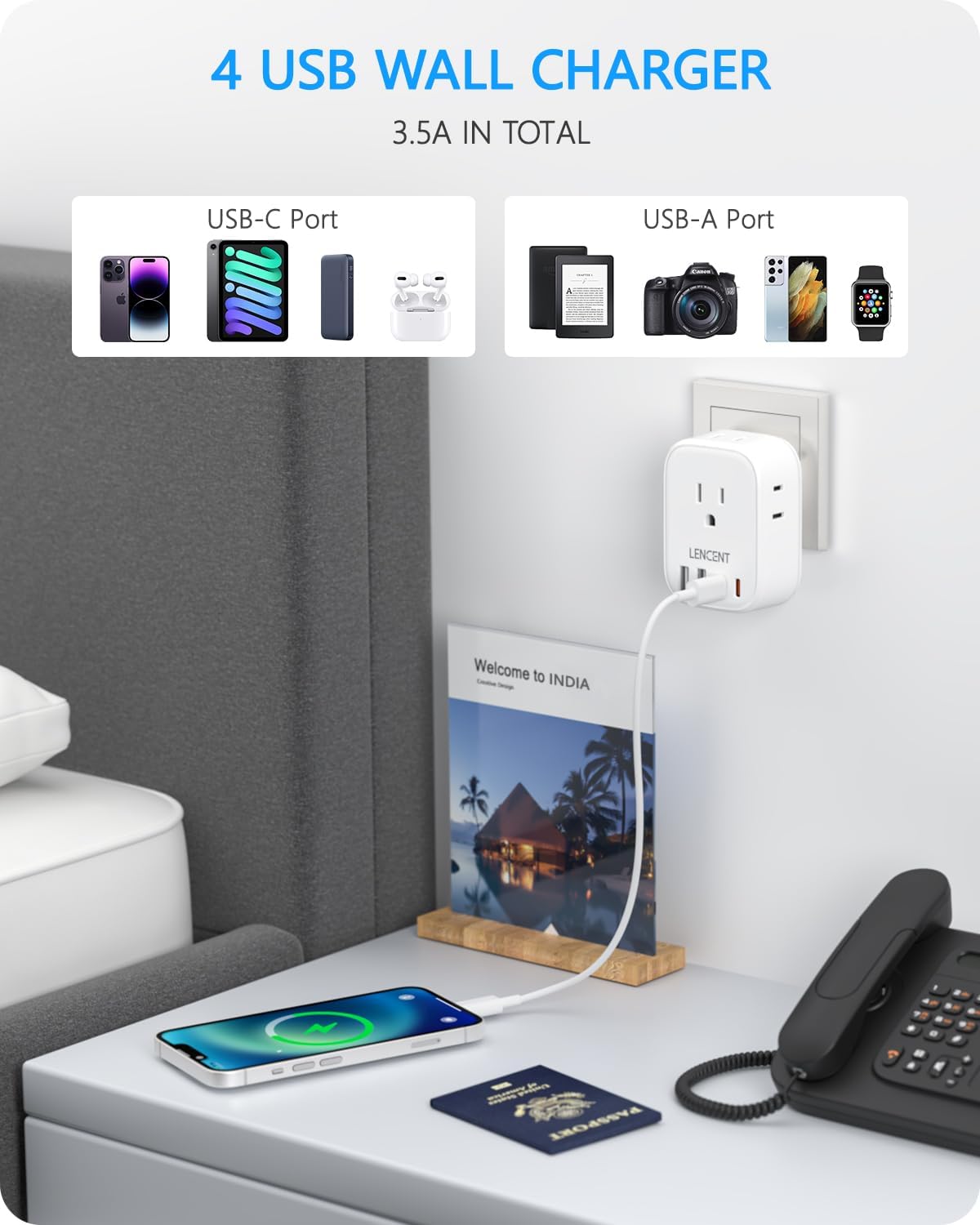Detalle de LENCENT PA050USIN Type D Travel Adapter, 4 Outlets and 4 USB Ports