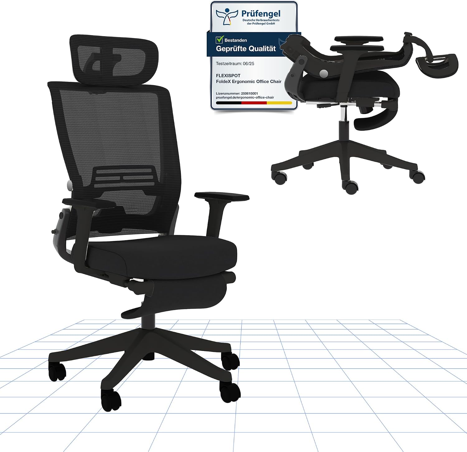 Detalle de FLEXISPOT Foldex ergonomischer Bürostuhl klappbar mit Lendenwirbelstütze und verstellbaren Armlehnen