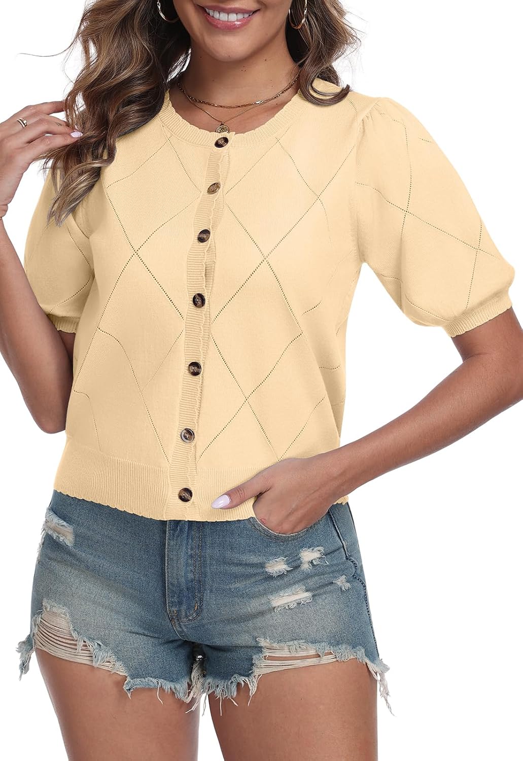 Detalle de YUNDAI Women’s Puff Sleeve Cardigan – Lightweight Crew Neck Knit Top