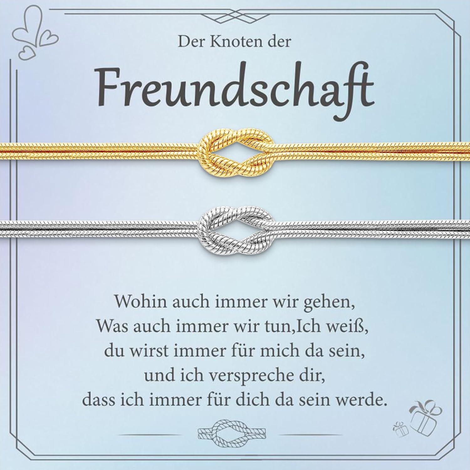 Detalle de 2er Freundschaftsarmbänder Set aus Silber 925 und 14K Gold – Verstellbares Knotenarmband, Geschenkbox