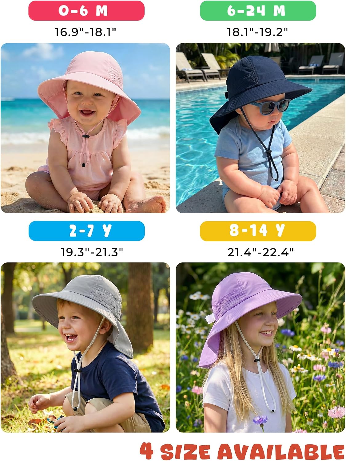 Thumbnail 4 de Toddler & Kids Adjustable Sun Hat with Bucket Brim and Neck Flap (Age 0–14)