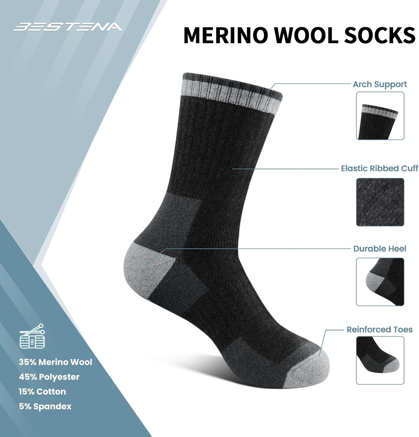 Thumbnail 3 de BESTENA Merino Wool Hiking Socks, 5 Pairs, Cushioned Thermal Crew Socks