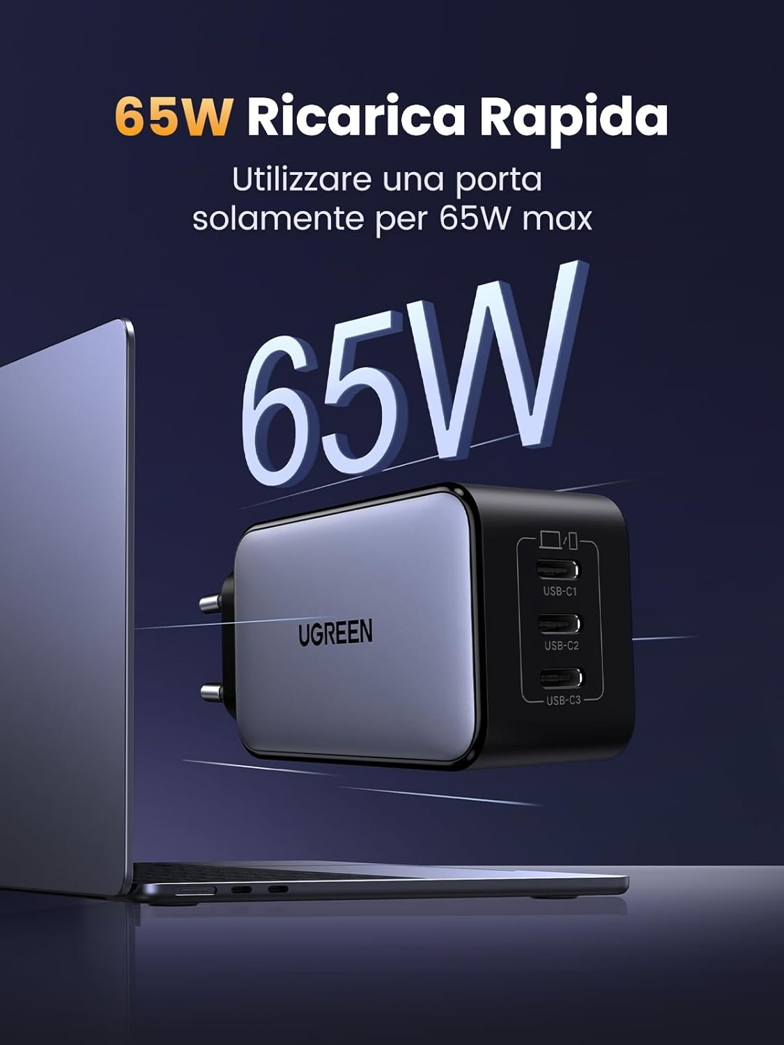Detalle 2 de UGREEN Nexode 65W caricatore USB-C 3 porte