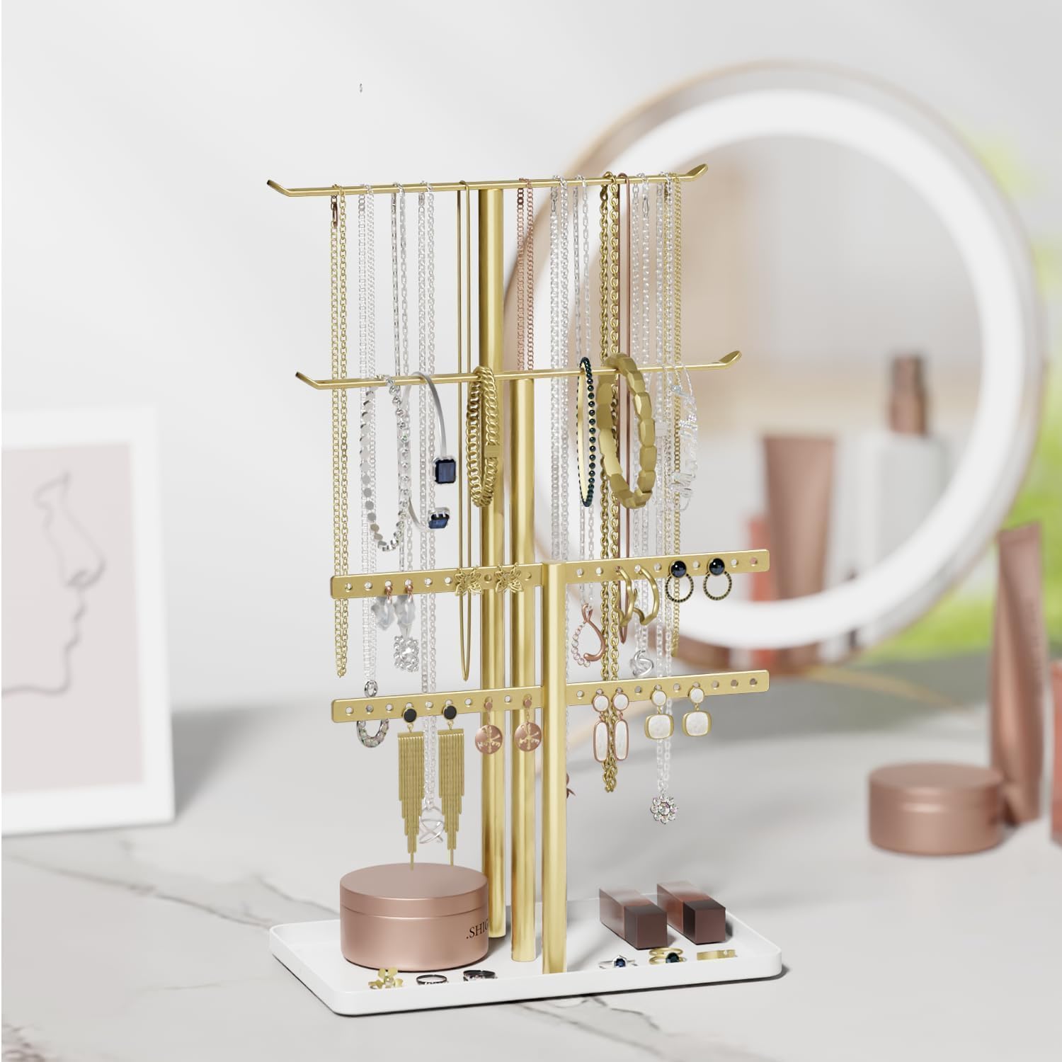 Thumbnail 5 de Schmuck Organizer 32cm Groß — 4 Ebenen, stabiler Schmuckaufbewahrungsschrank von pickpiff (Gold/Weiß)