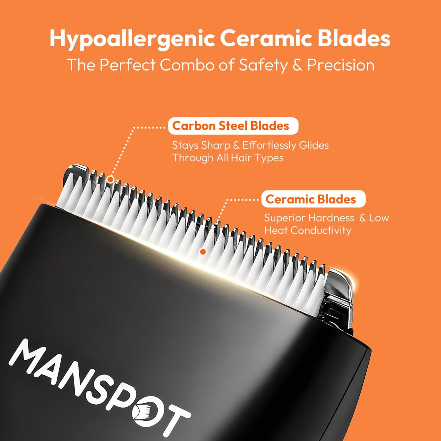 Detalle de MANSPOT Body Hair Trimmer for Men – Hypoallergenic Ceramic Blade, IPX7 Wet/Dry Groomer with 4 Guide Combs
