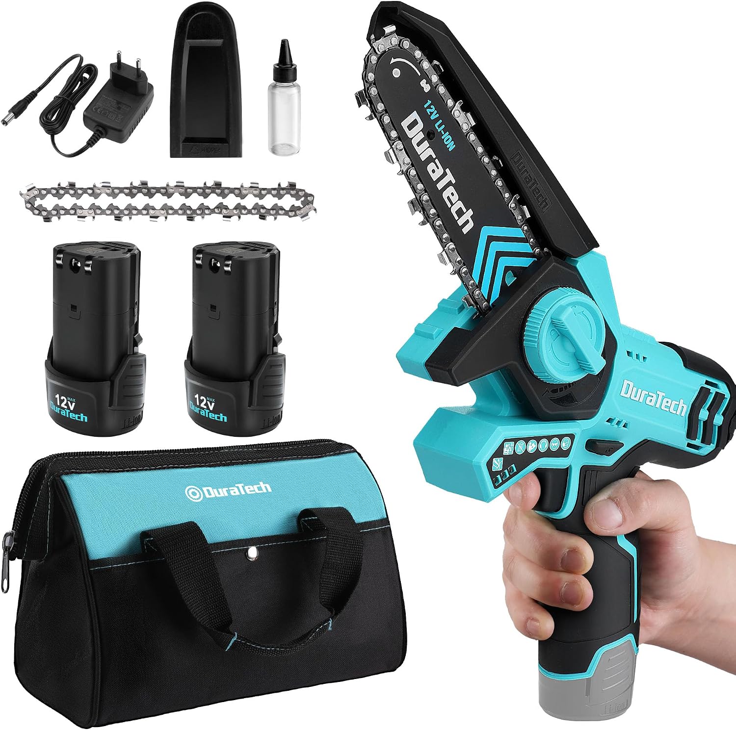 Detalle de DURATECH Mini Motosega a batteria 12 V con 2 batterie da 2,0 Ah e 2 catene