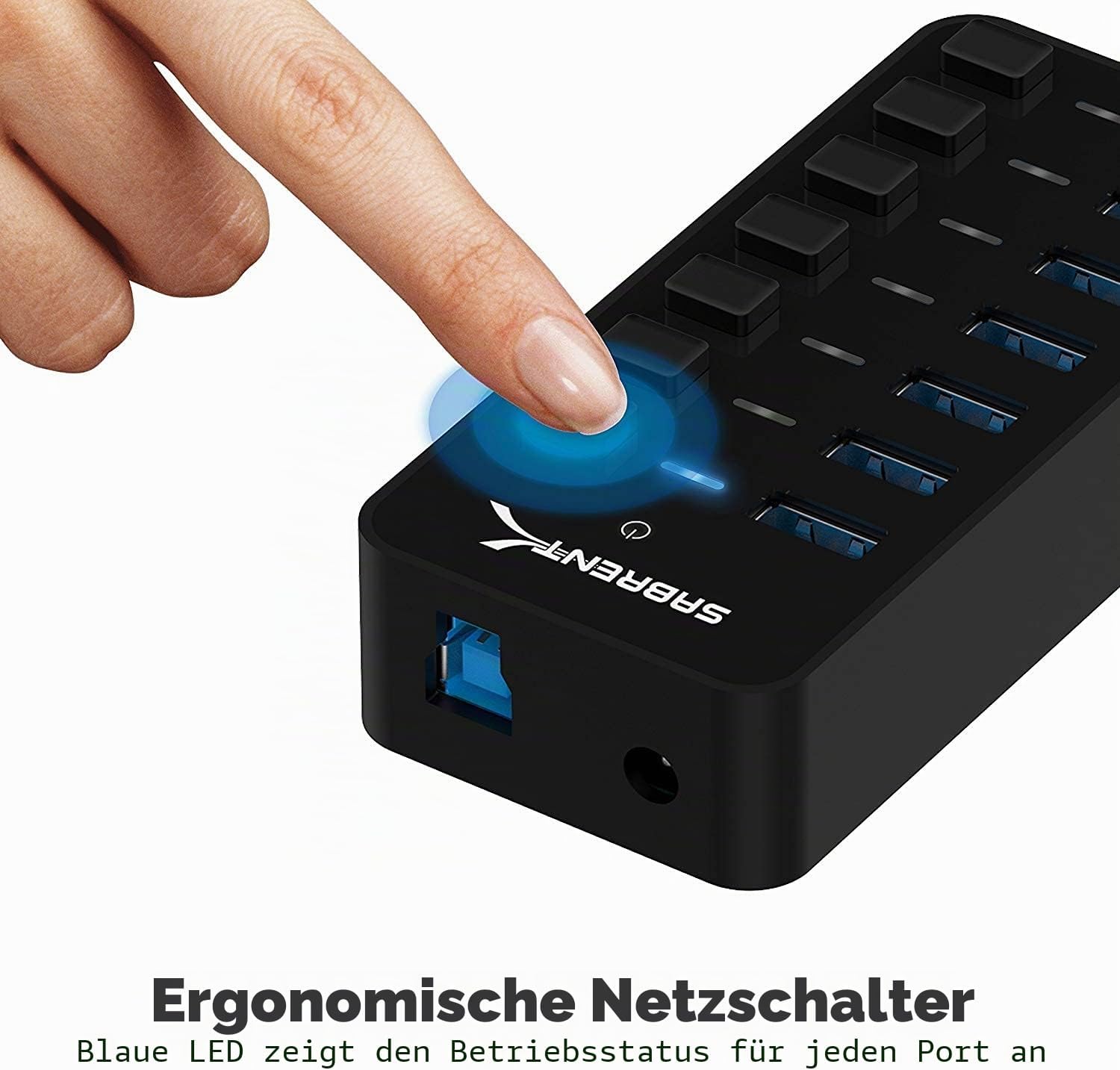 Detalle de SABRENT USB Hub aktiv 3.2x1 mit Netzteil – 7 Ports, 36W, Power-Schalter, USB3.2 Gen 1