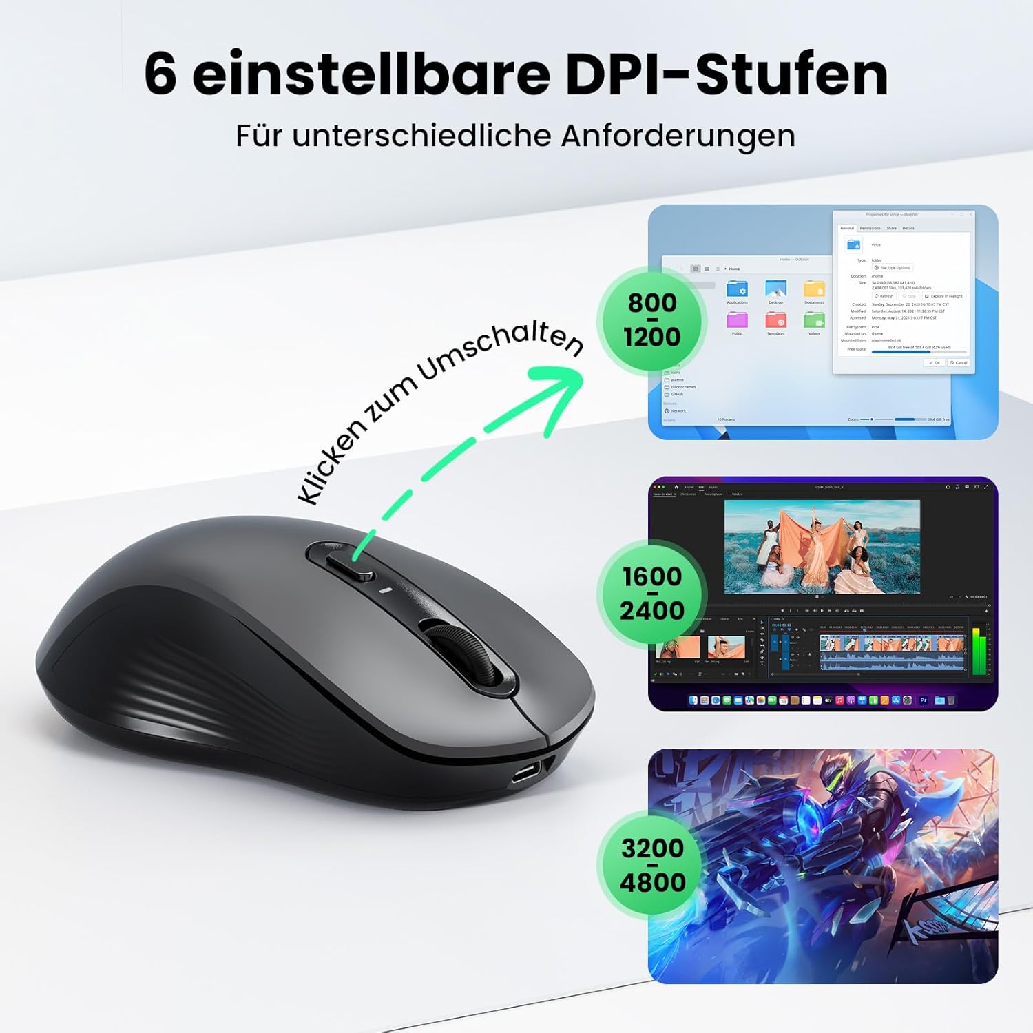 Thumbnail 3 de TECKNET Bluetooth Maus – kabellos, wiederaufladbar, 4800 DPI, leise Klicks, Bluetooth 5.0/3.0 + 2,4 GHz