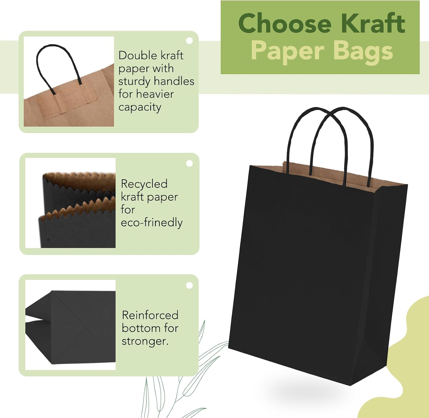 Thumbnail 1 de MESHA 100 Pack Black Gift Bags – 8x4.25x10.5 Inch Kraft Paper Bags with Handles (Medium, Recyclable, DIY Friendly)