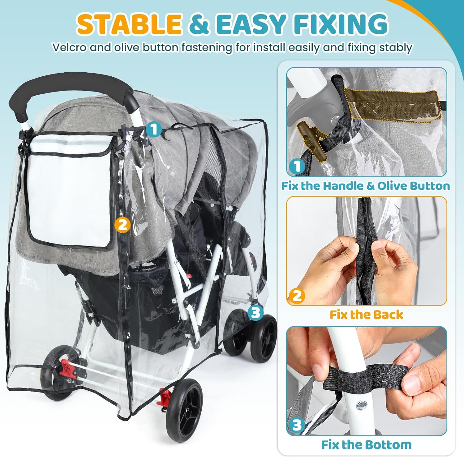 Detalle de Orzbow Double Pram Rain Cover: Universal Protection for Twin Pushchairs