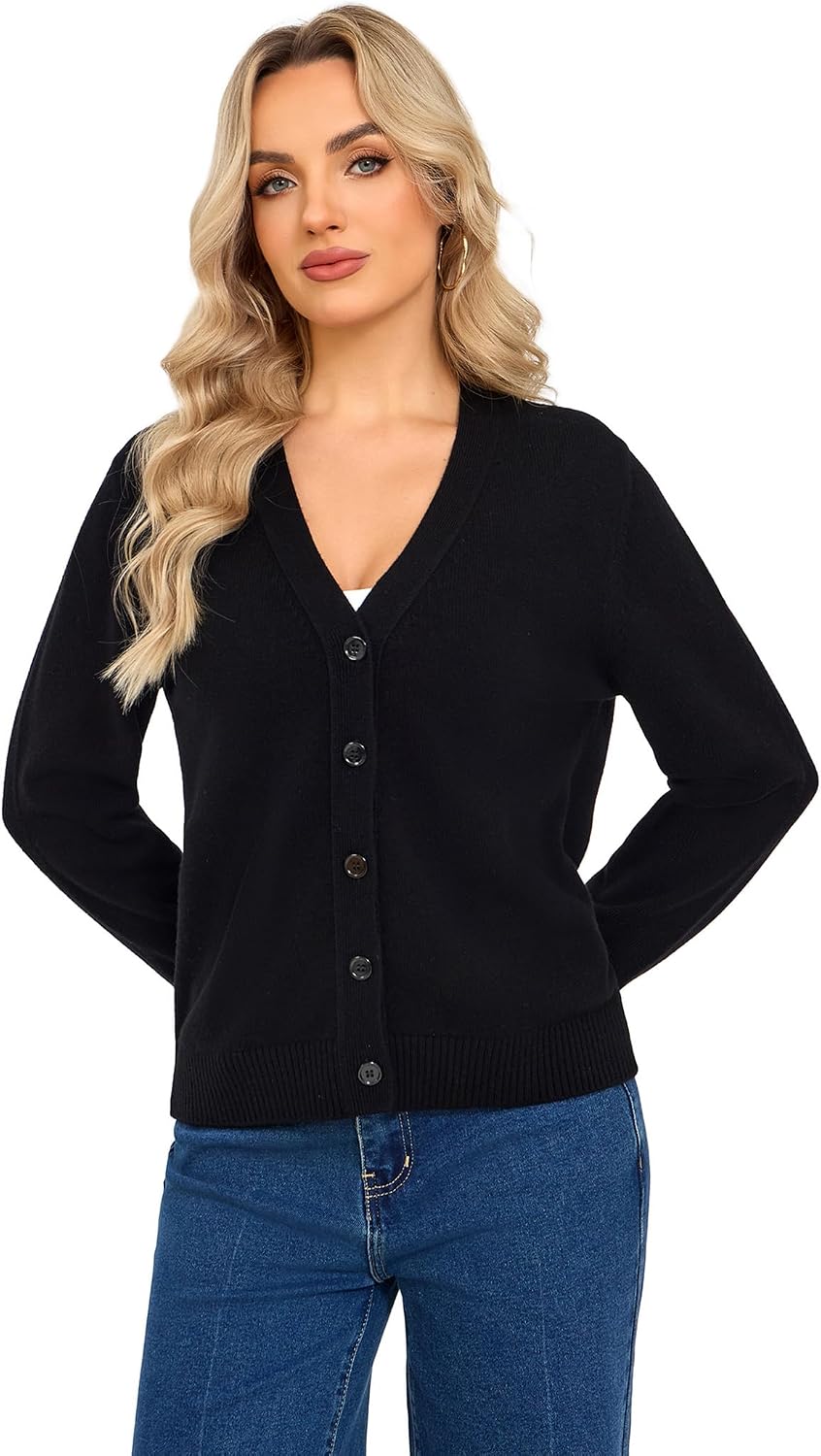 Thumbnail 3 de VETLURY Strickjacke für Damen – 100% Merinowolle, V-Ausschnitt, grobe Front & Perlmuttknöpfe