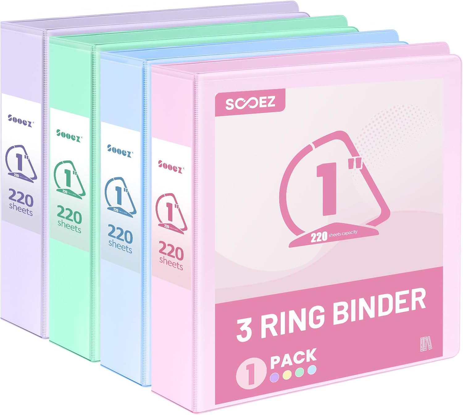 Detalle de Sooez SZA1610-0001A 1-Inch D-Ring Binder 4-Pack, Pastel, Letter Size