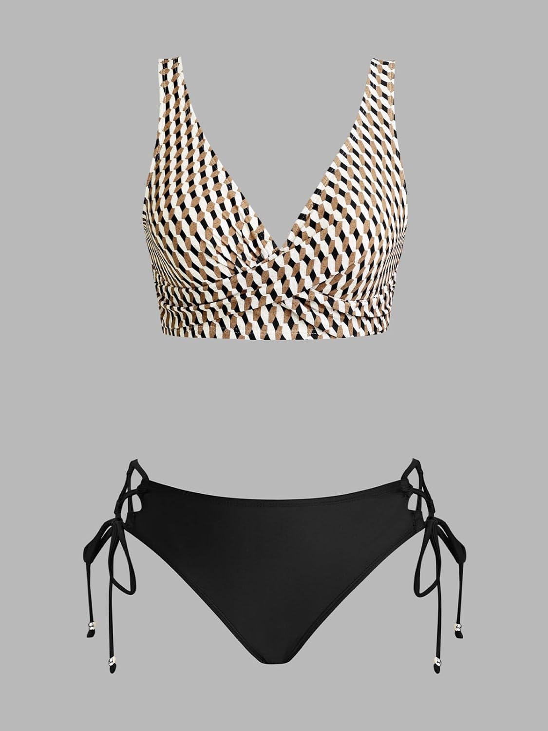 Detalle 2 de CUPSHE Damen Bikini-Set mit Wickeloptik und Blumenmuster (Low Rise, geschnürt)