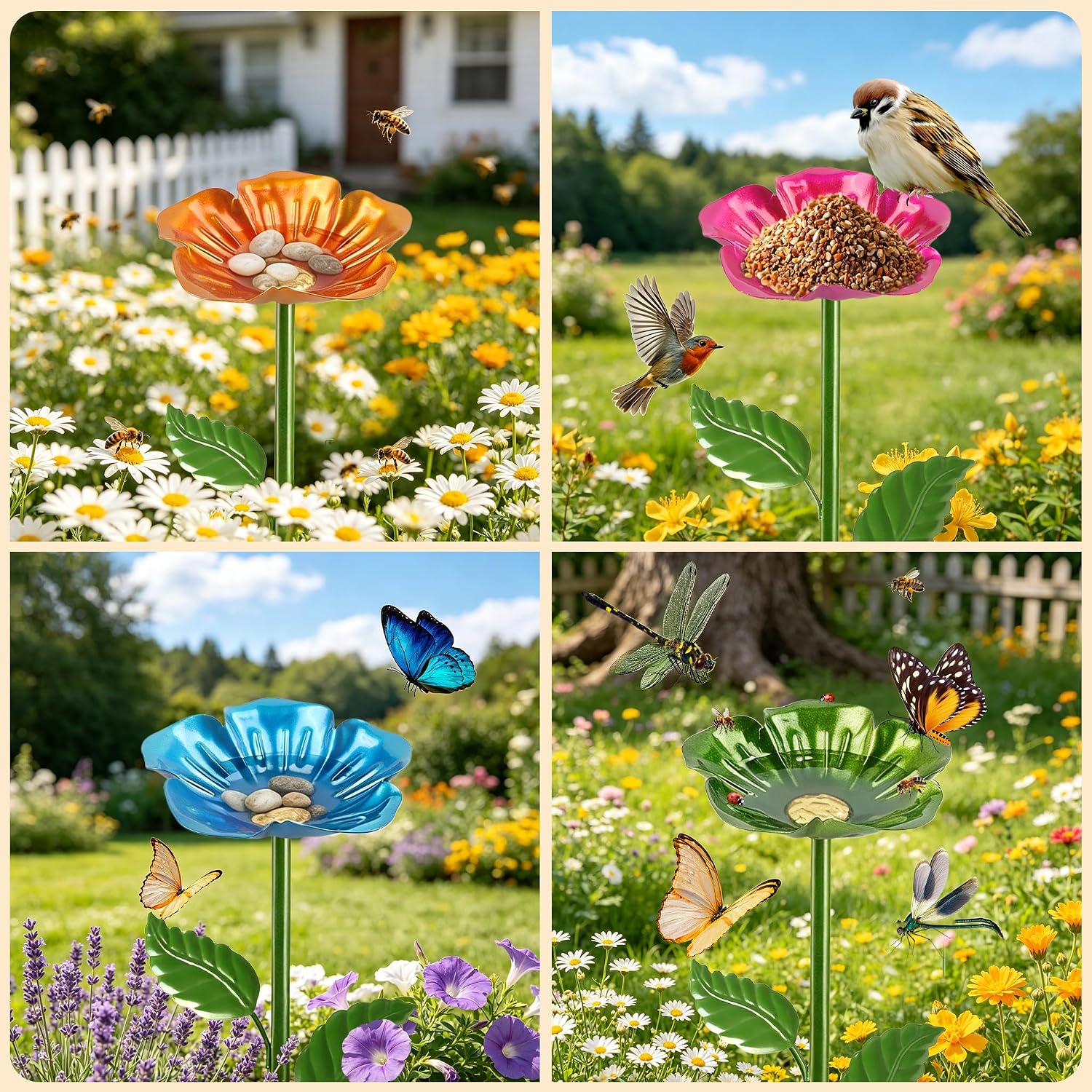 Detalle de Bienentränke für den Garten – 4er-Set Metall‑Insektentränke in Blumenform