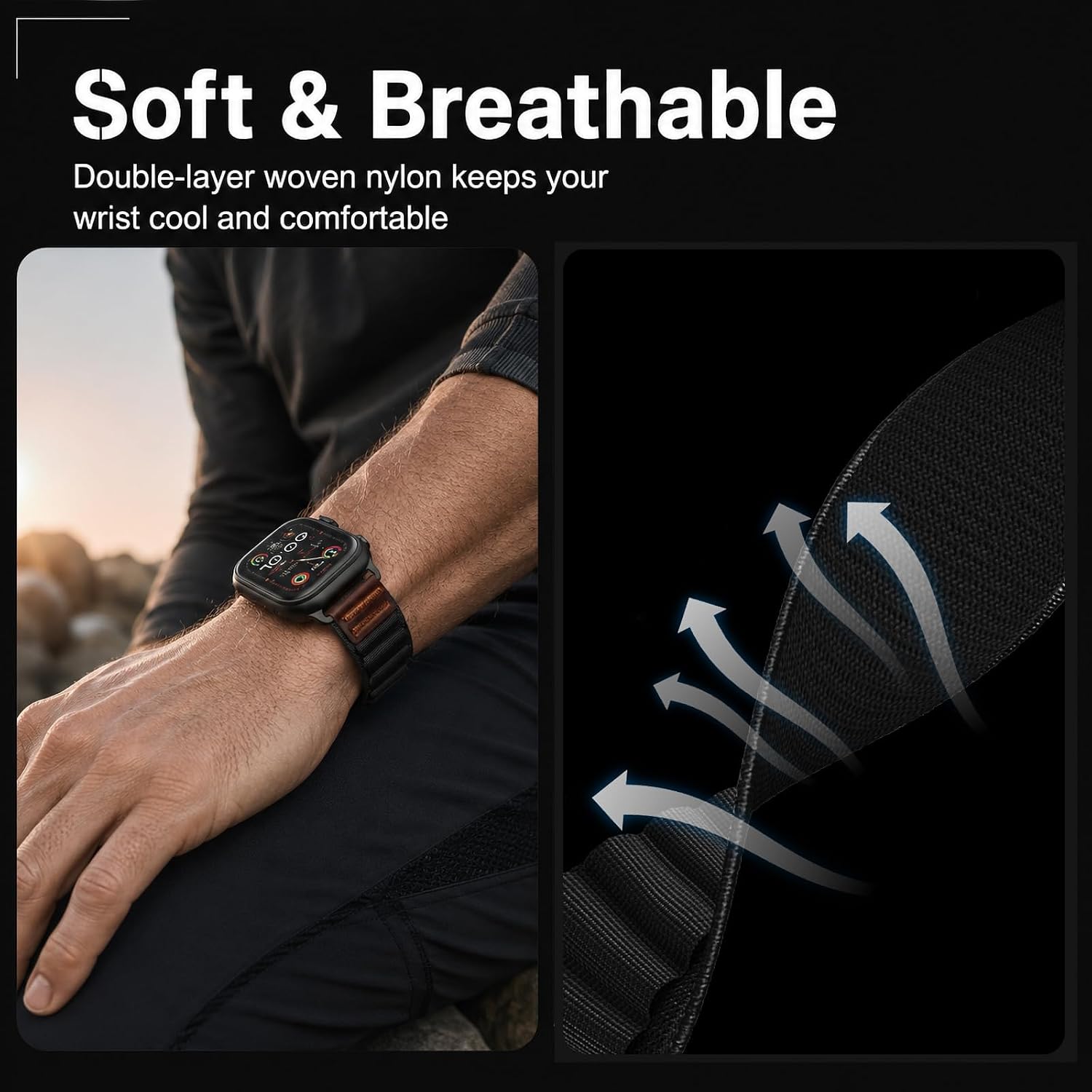 Detalle 2 de MRAIN-H Alpine Loop with Leather Design for Apple Watch (Ultra 3 2, Series 11–4, SE) — Soft Stretchy Nylon Sport Band