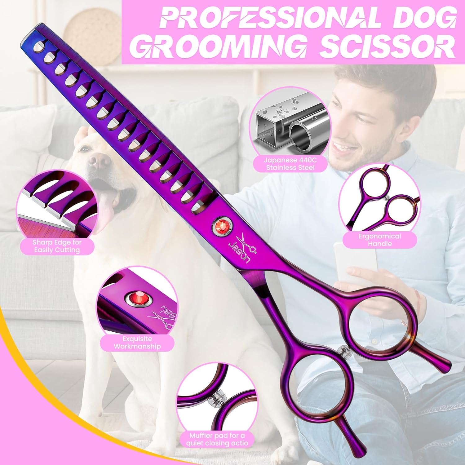 Thumbnail 2 de JASON Ciseaux à effiler professionnels pour chiens et chats – Ciseaux à fourrure japonais en acier inoxydable, 36 dents, violet (7,5 pouces)