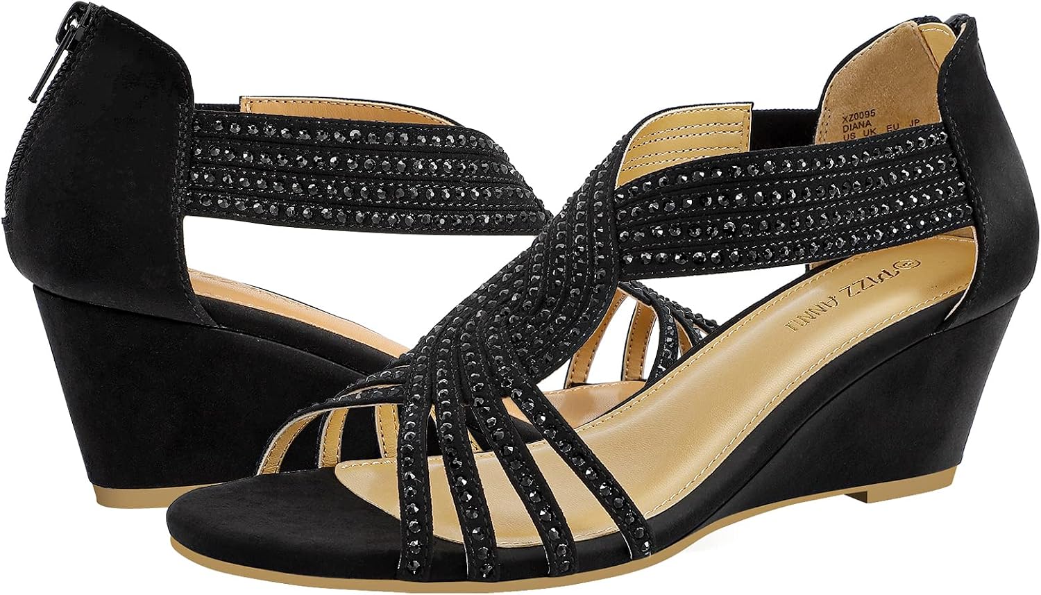 Detalle de PIZZ ANNU Women's Diana Low Wedge Sandals with Sparkling Rhinestones