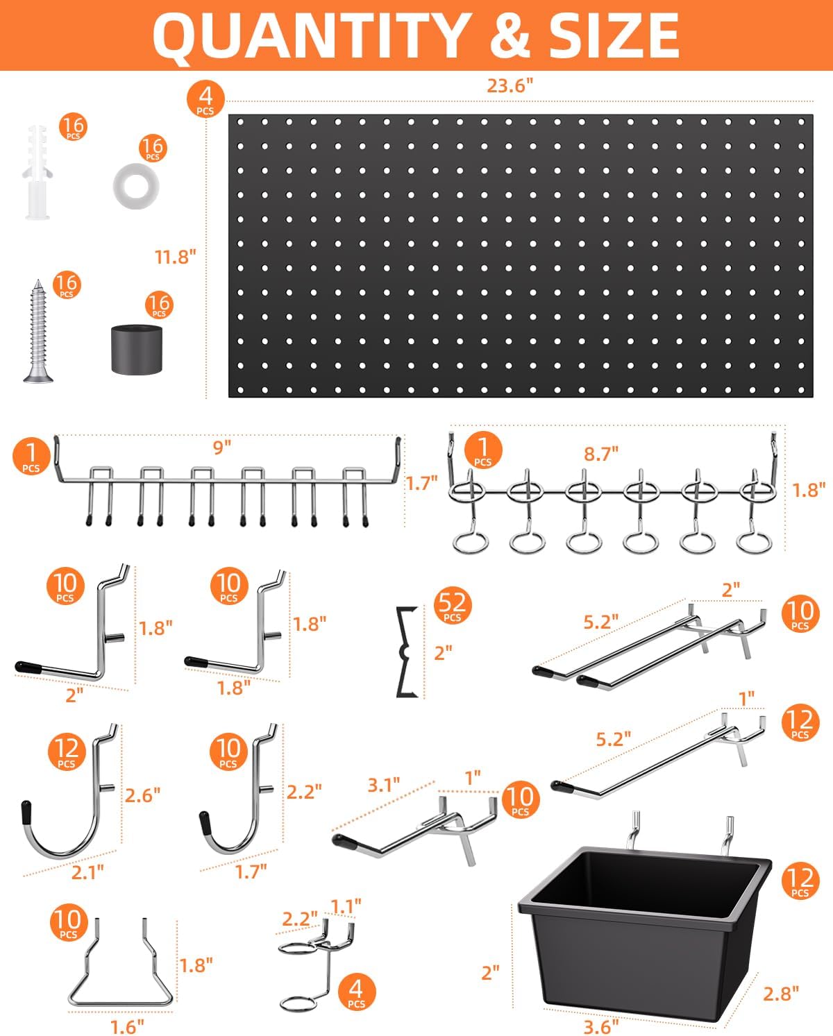 Detalle 2 de INCLY NC0114 Metal Pegboard Organizer, 48 x 24 Inch, 158-Piece Kit