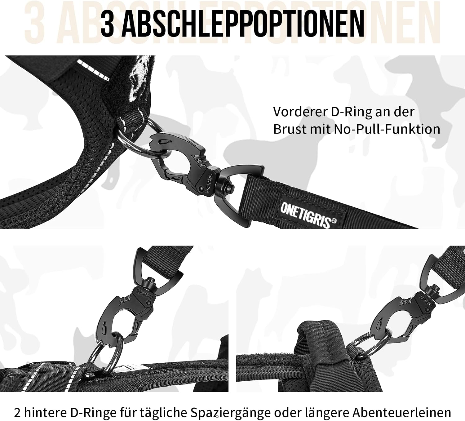 Detalle de OneTigris Diesel einstellbares Hundegeschirr mit weicher Polsterung, reflektierend (Schwarz, M)