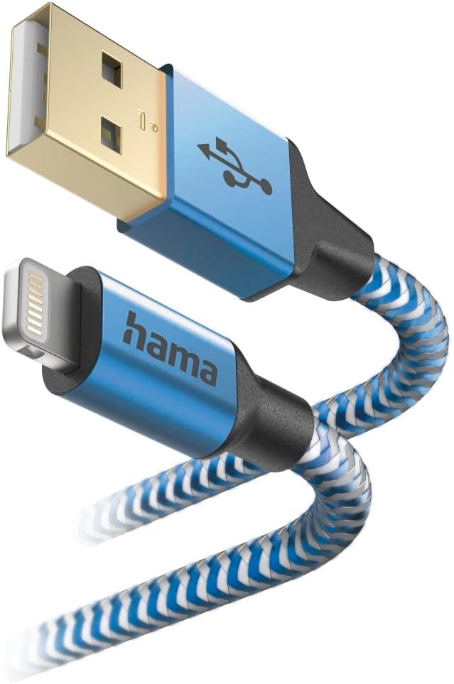 Detalle de Câble USB-A vers Lightning Hama certifié MFi (2,4A, 1,5 m) bleu réfléchissant