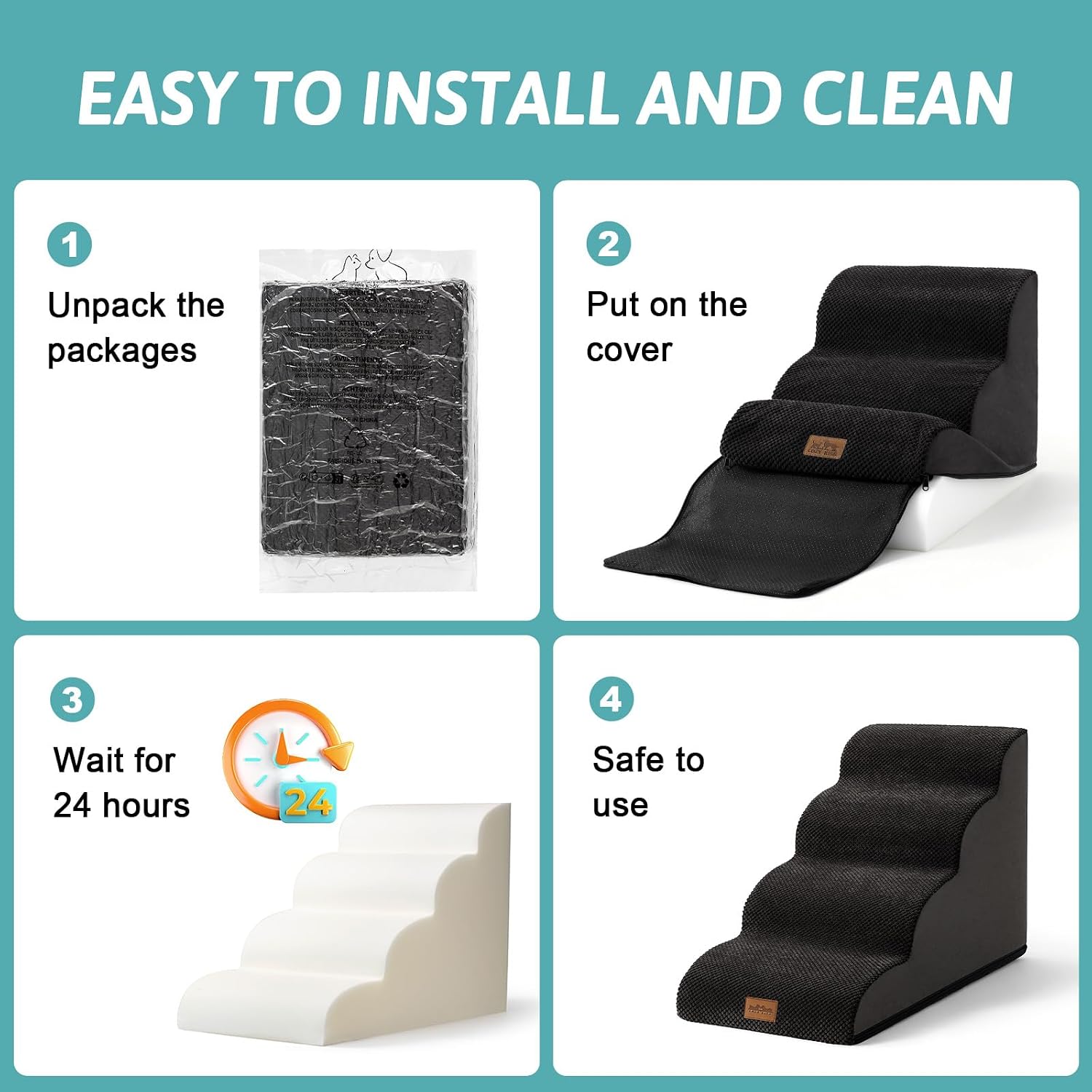 Detalle de COZY KISS 4-Step Dog Stairs for Small Dogs with Leakproof Cover, Curved Pet Step Ramp (Black)