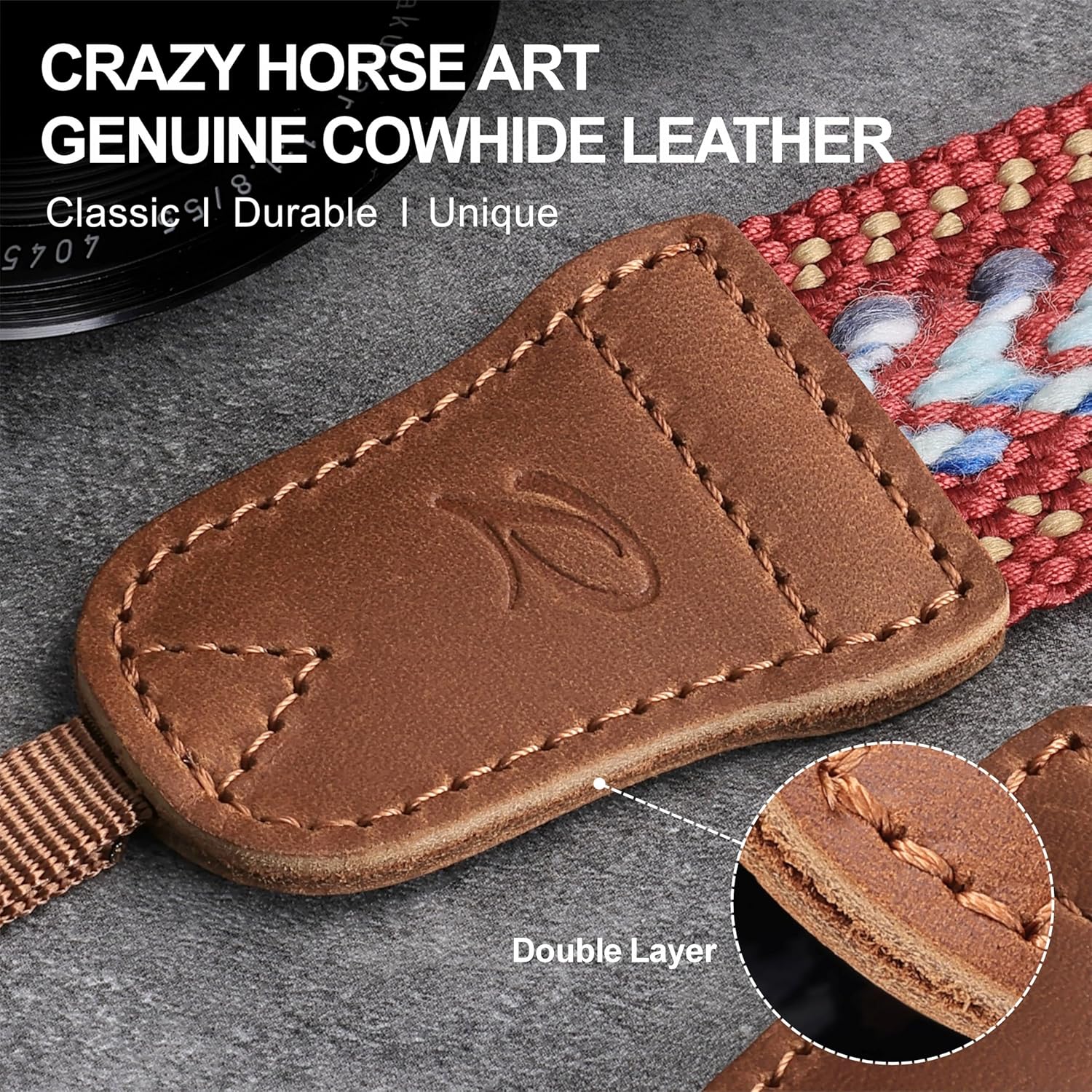 Detalle de Padwa Lifestyle Speed Red Camera Strap – 1.5" Soft Cotton Rope Weave with Crazy Horse Cowhide Ends