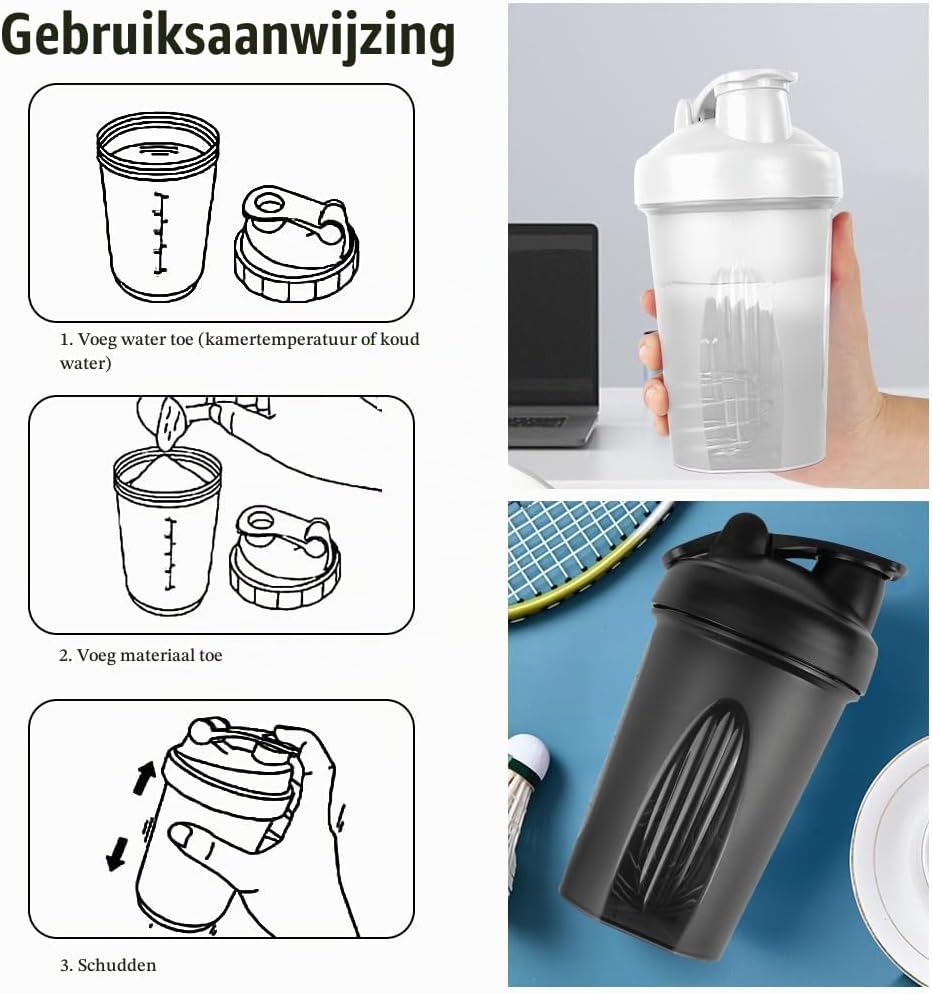 Detalle de AOGOE 4641199 eiwitshakers 400 ml met stalen mengbal, zwart en wit