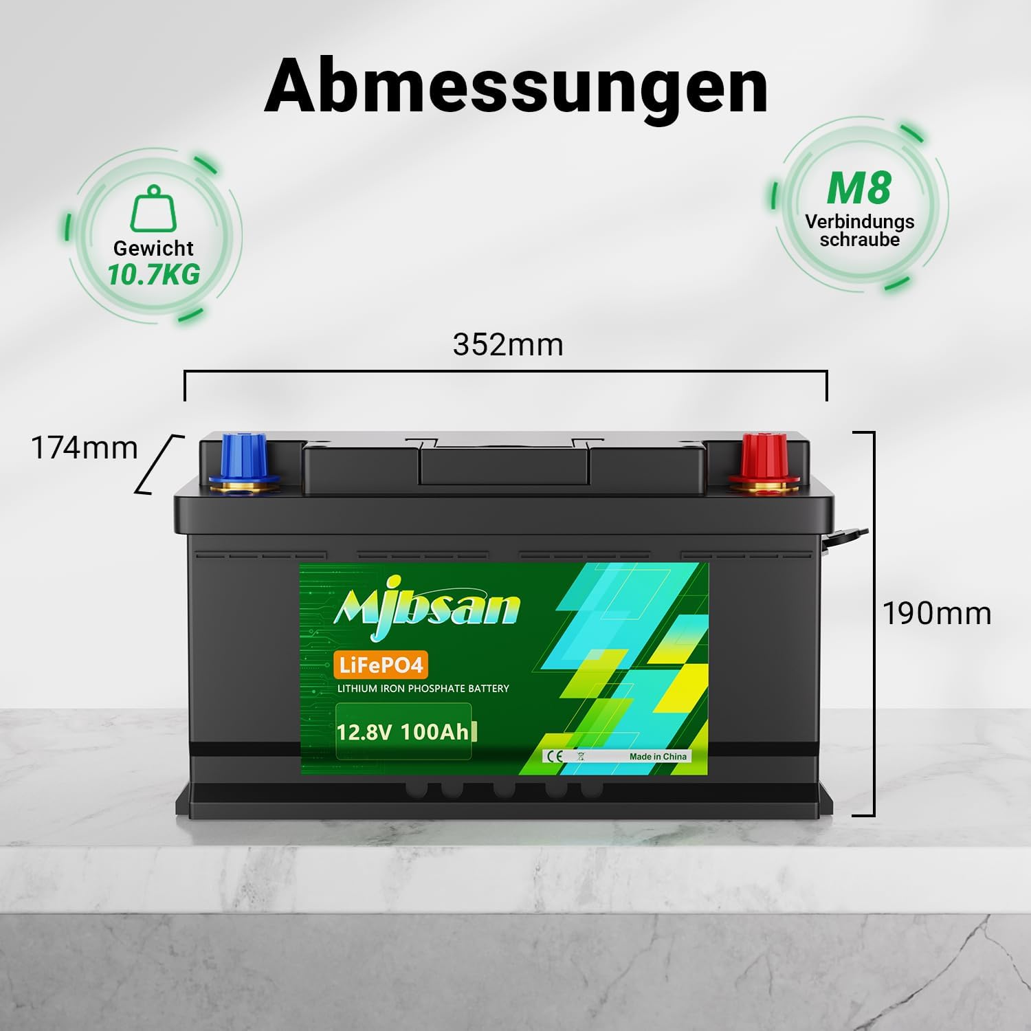 Detalle 2 de Mjbsan LIFEPO4 12V100AH-2 LiFePO4-batteri, 12,8 V, 100 Ah med BMS
