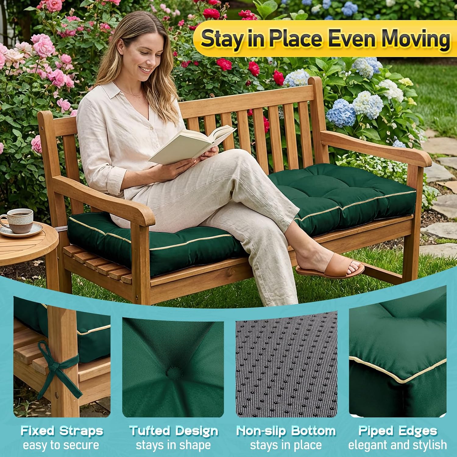 Detalle de TaiBest TB-OC Outdoor Bench Cushion, Green Tufted 36 x 14 x 4 in.