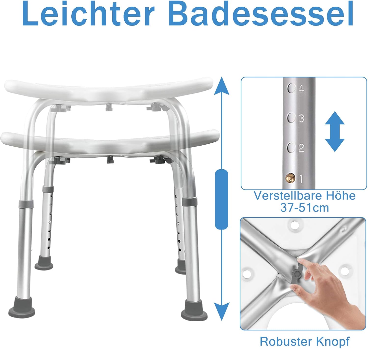 Thumbnail 3 de Suusolny Tabouret de Salle de Bain en Forme de U – Chaise de douche en plastique HDPE, hauteur réglable 35–51 cm, repose-pieds antidérapants