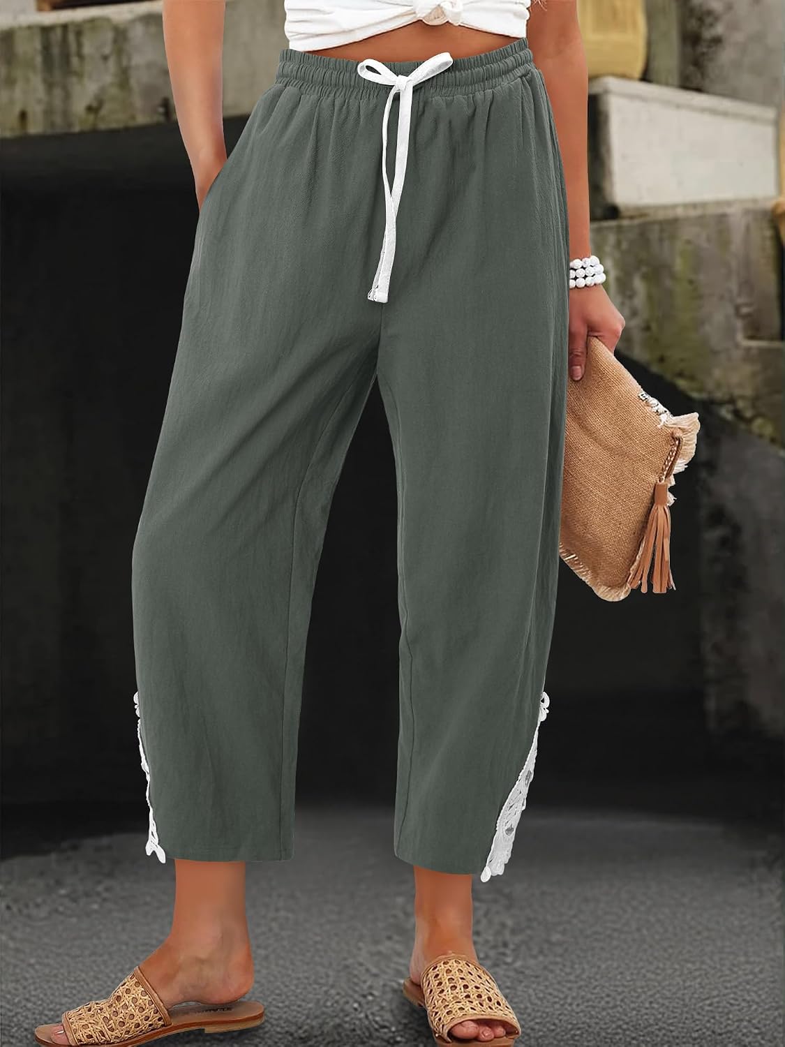 Detalle 2 de onlypuff Women’s Lightweight Summer Trousers with Drawstring Waist and Pockets