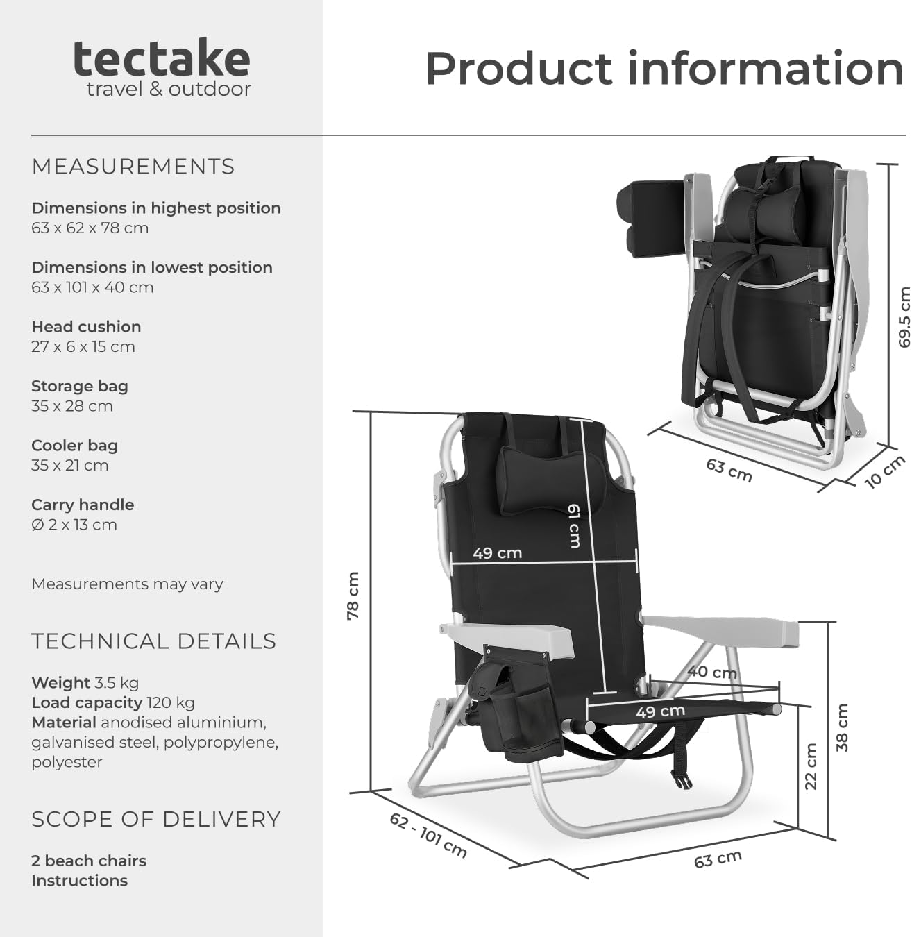Detalle de tectake 406262 strandstolar, 2-pack med fem rygglägen och kylväska