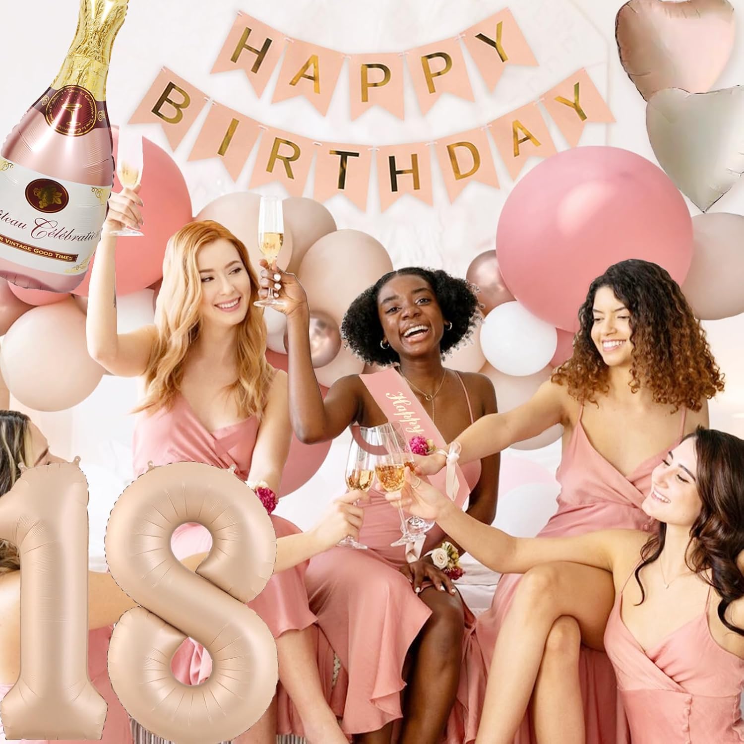 Thumbnail 3 de Deko 18 Geburtsta Geburtstagsdeko Set Retro Rosa mit 18-Zahlen Luftballon und Champagner Ballon
