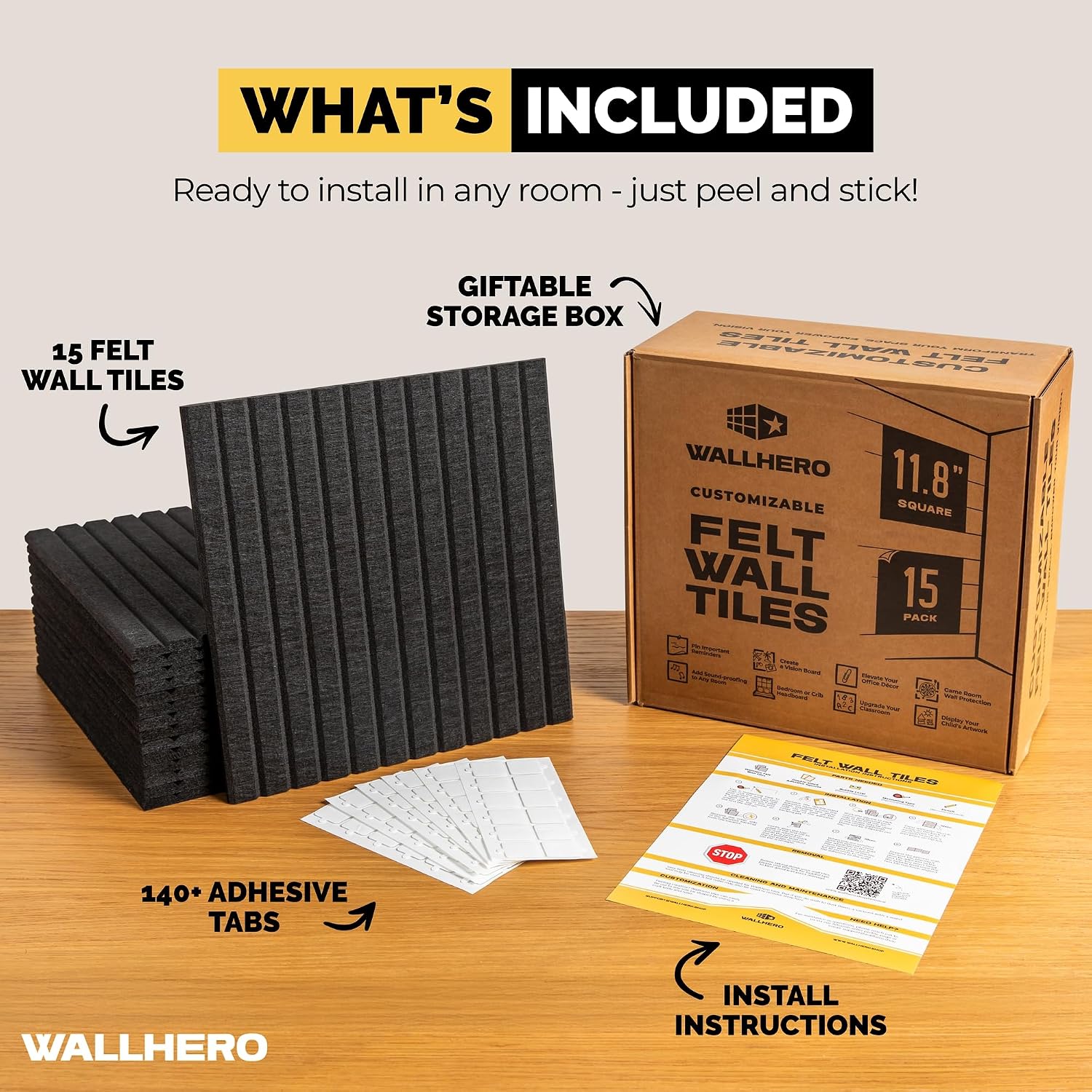 Detalle de WallHero 15x_12inch_slat Large Felt Bulletin Board, 15 Black Tiles