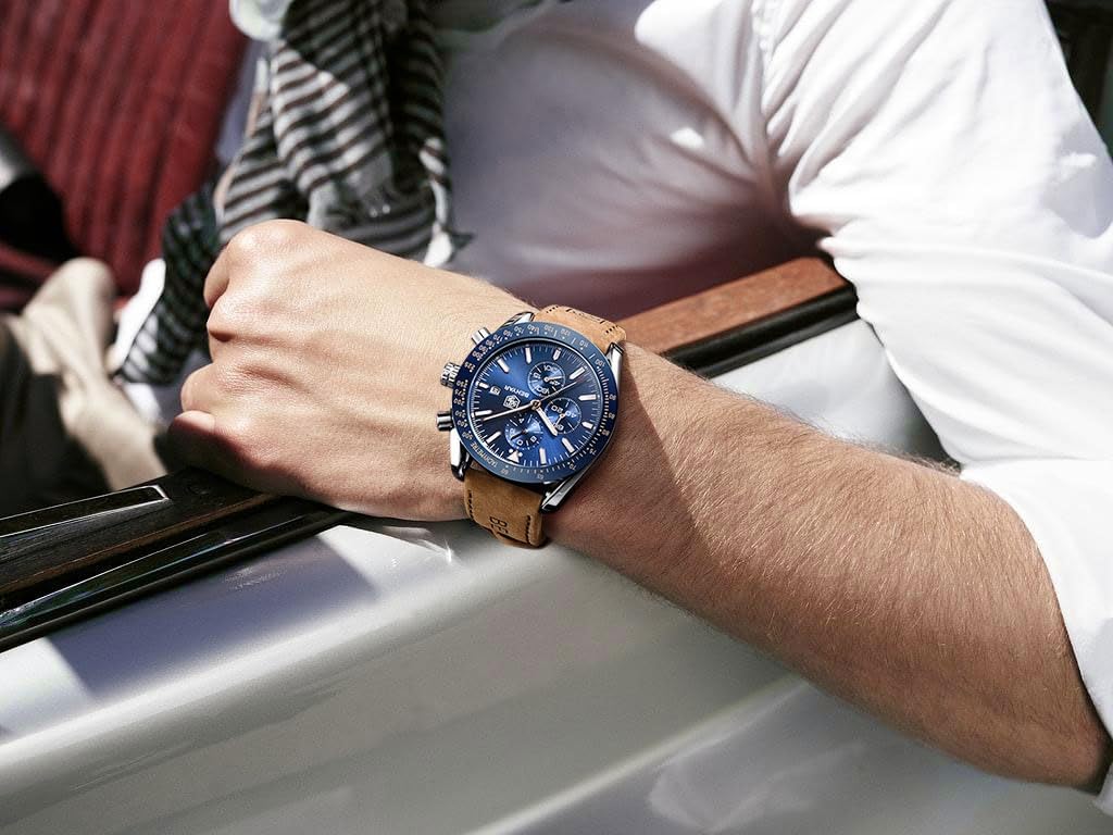 Detalle de BENYAR Montre Homme Étanche Analogique Quartz Chronographe – Grand Cadran 45mm, Leather et Daté